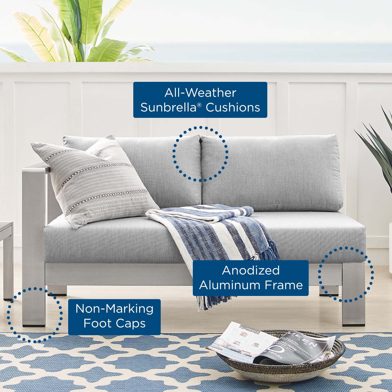 Shore Sunbrella® Fabric Aluminum Outdoor Patio Left-Arm Loveseat - East Shore Modern Home Furnishings