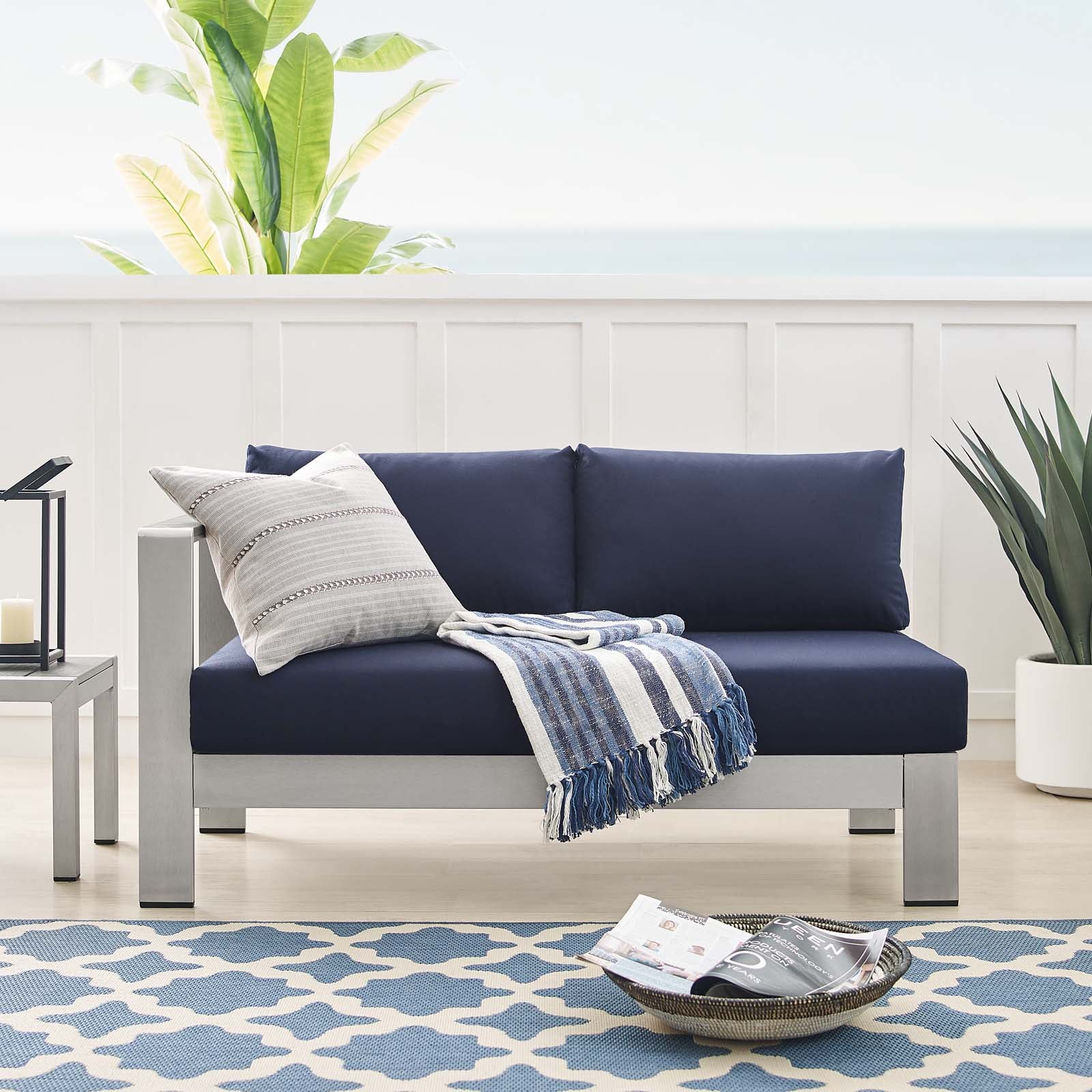 Shore Sunbrella® Fabric Aluminum Outdoor Patio Left-Arm Loveseat - East Shore Modern Home Furnishings