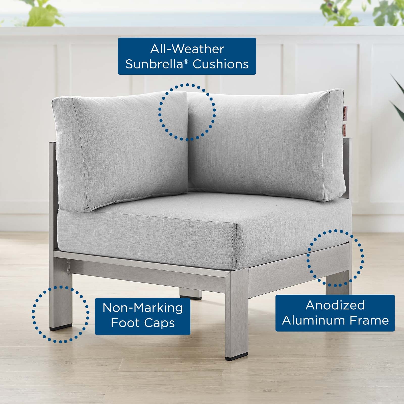 Shore Sunbrella® Fabric Aluminum Outdoor Patio Corner Sofa