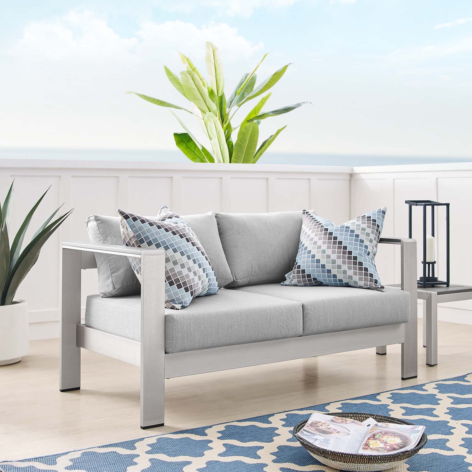 Shore Sunbrella® Fabric Aluminum Outdoor Patio Loveseat - East Shore Modern Home Furnishings