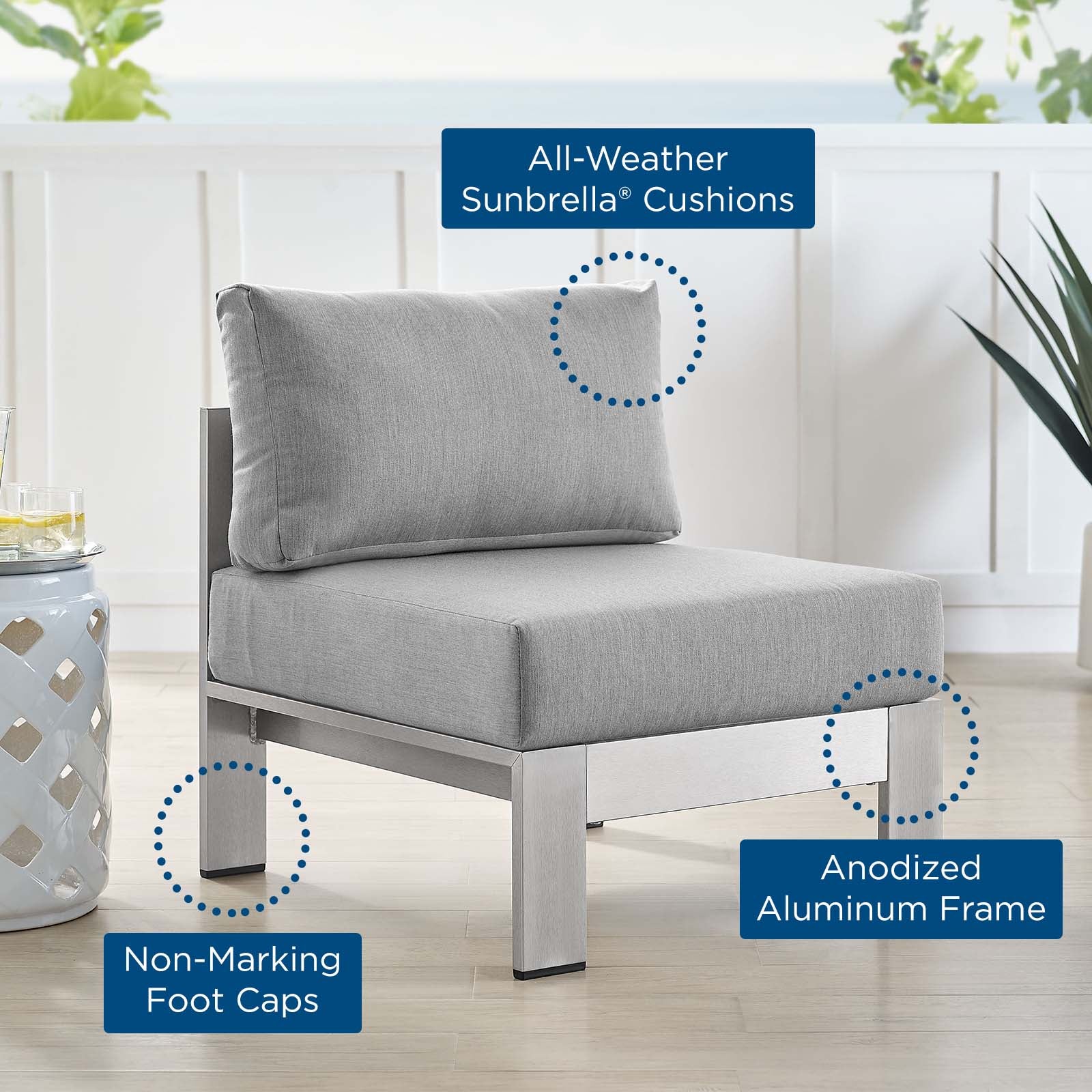 Shore Sunbrella® Fabric Aluminum Outdoor Patio Armless Chair