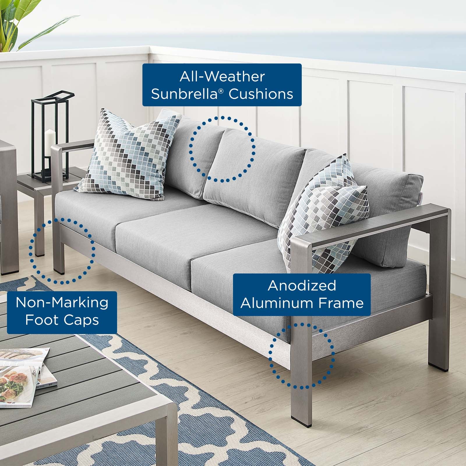 Shore Sunbrella® Fabric Aluminum Outdoor Patio Sofa - East Shore Modern Home Furnishings