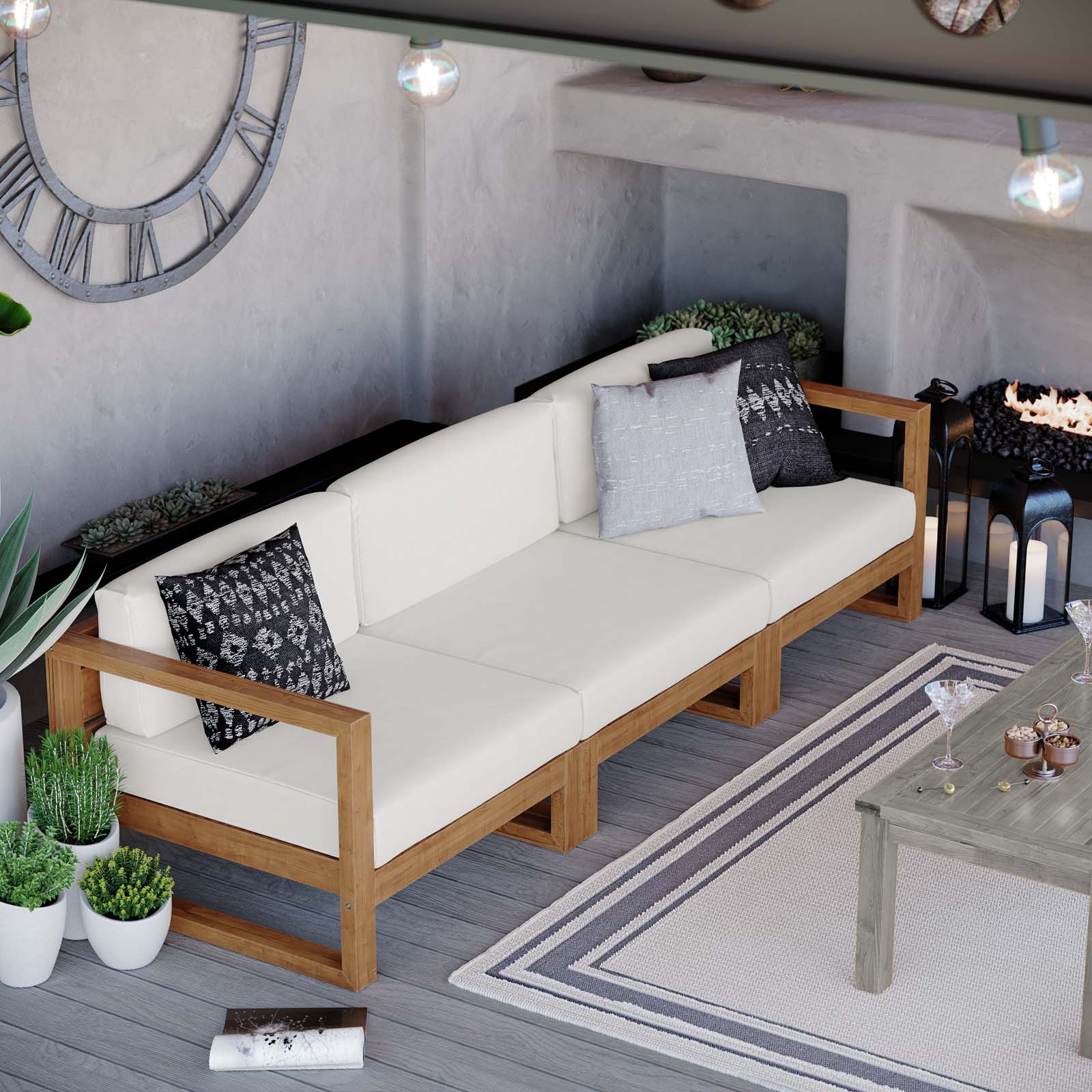 Upland Outdoor Patio Teak Wood 3-Piece Sectional Sofa Set - East Shore Modern Home Furnishings