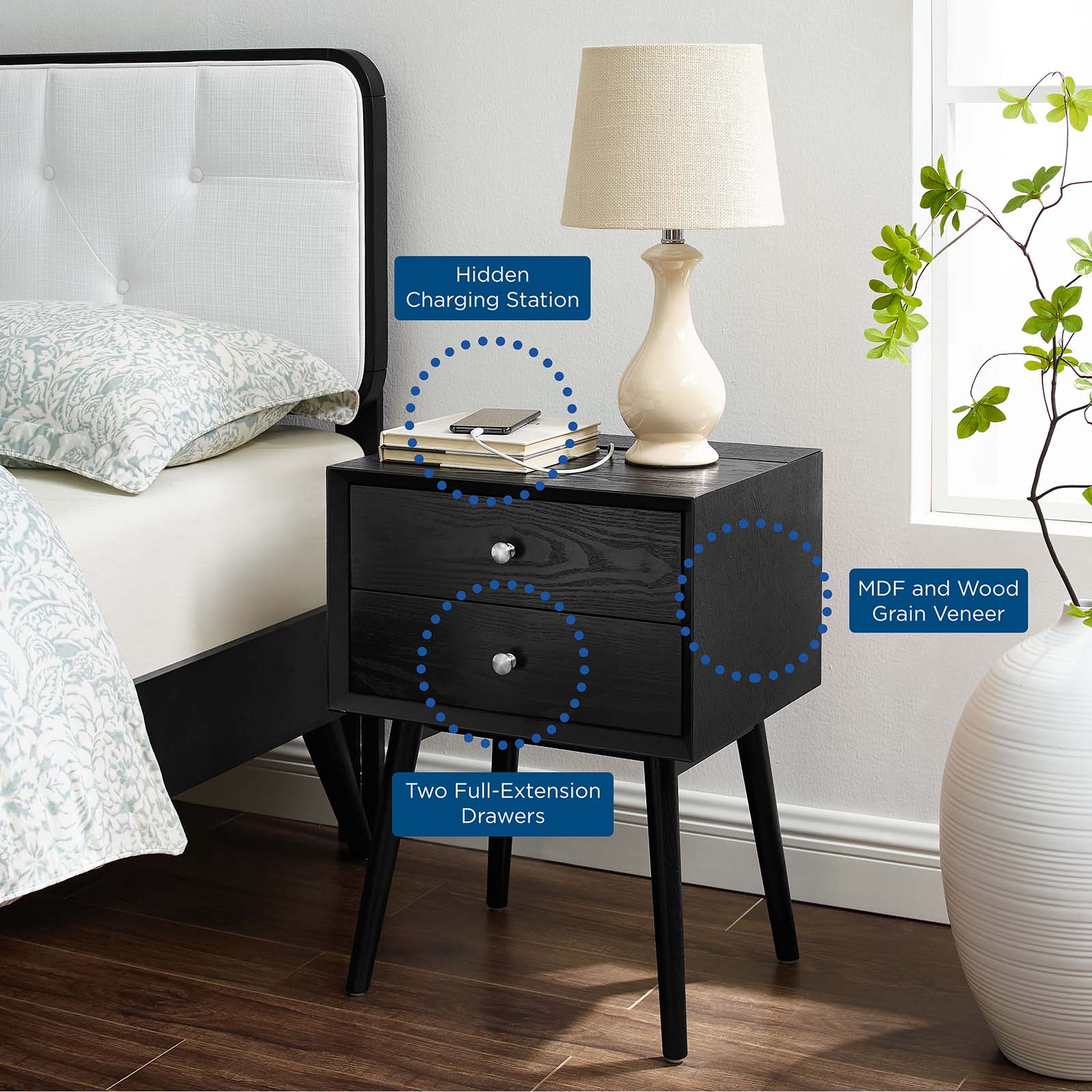 Ember Wood Nightstand With USB Ports