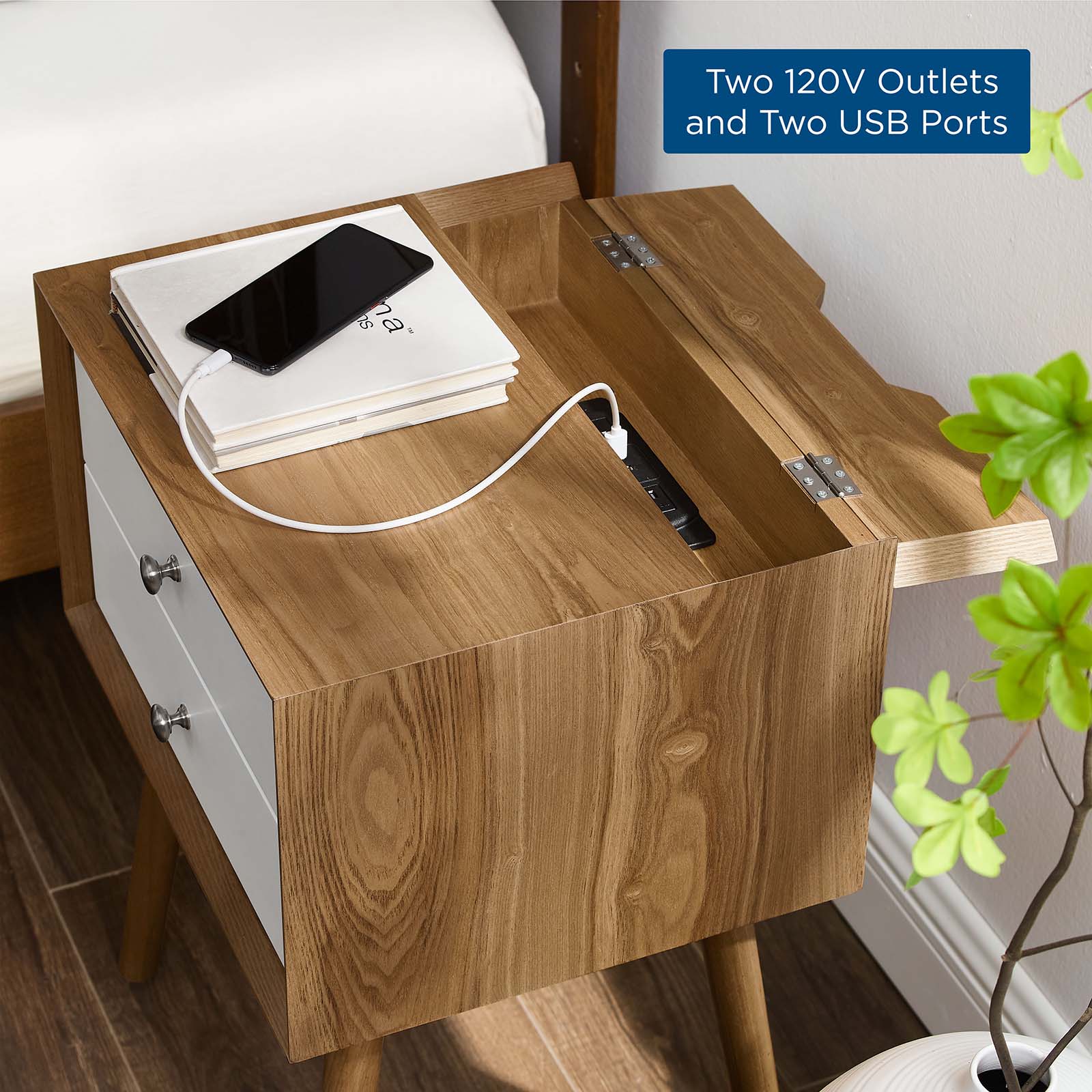 Ember Wood Nightstand With USB Ports - East Shore Modern Home Furnishings