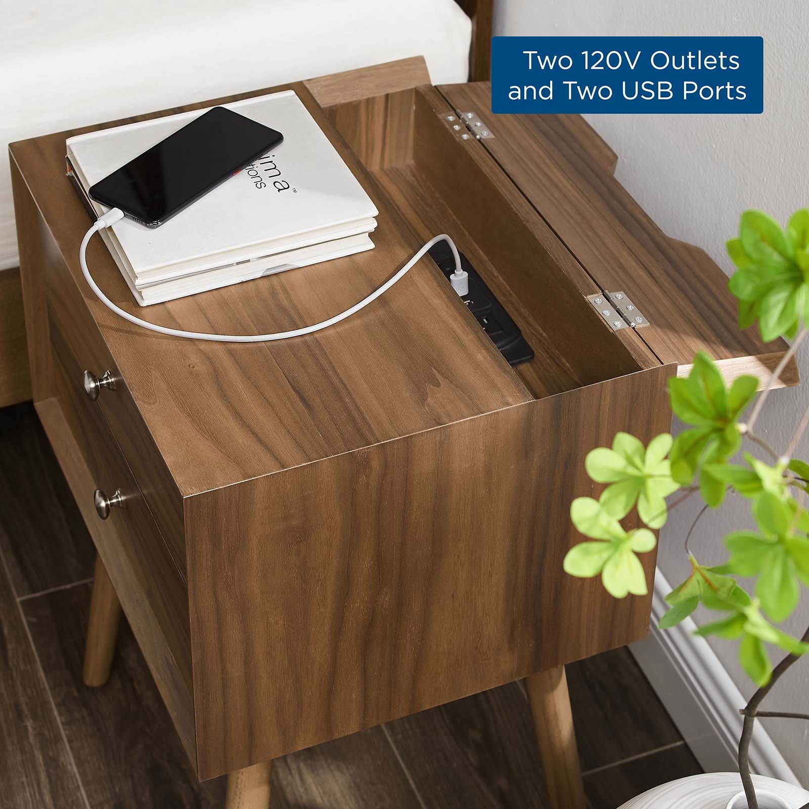 Ember Wood Nightstand With USB Ports - East Shore Modern Home Furnishings