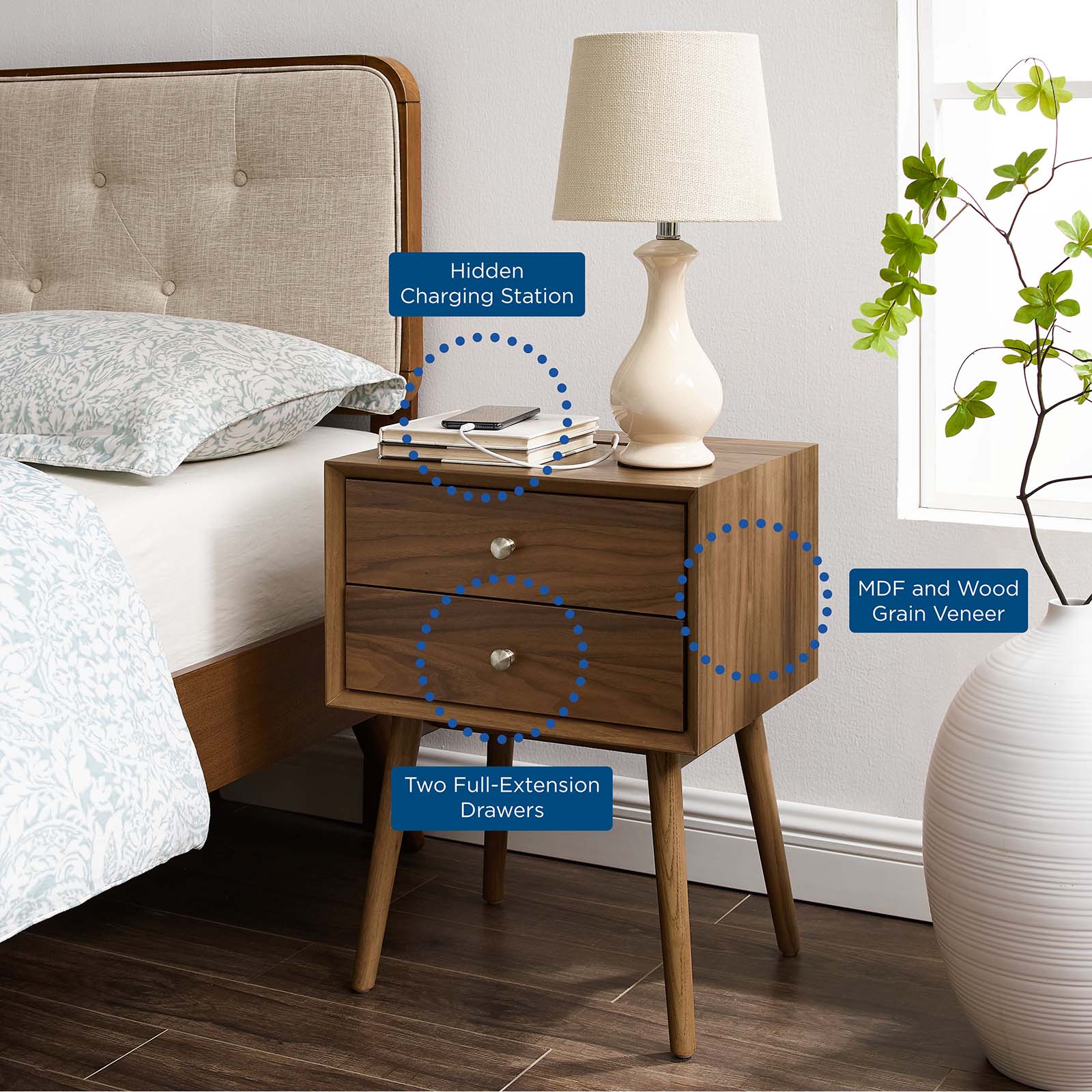 Ember Wood Nightstand With USB Ports - East Shore Modern Home Furnishings