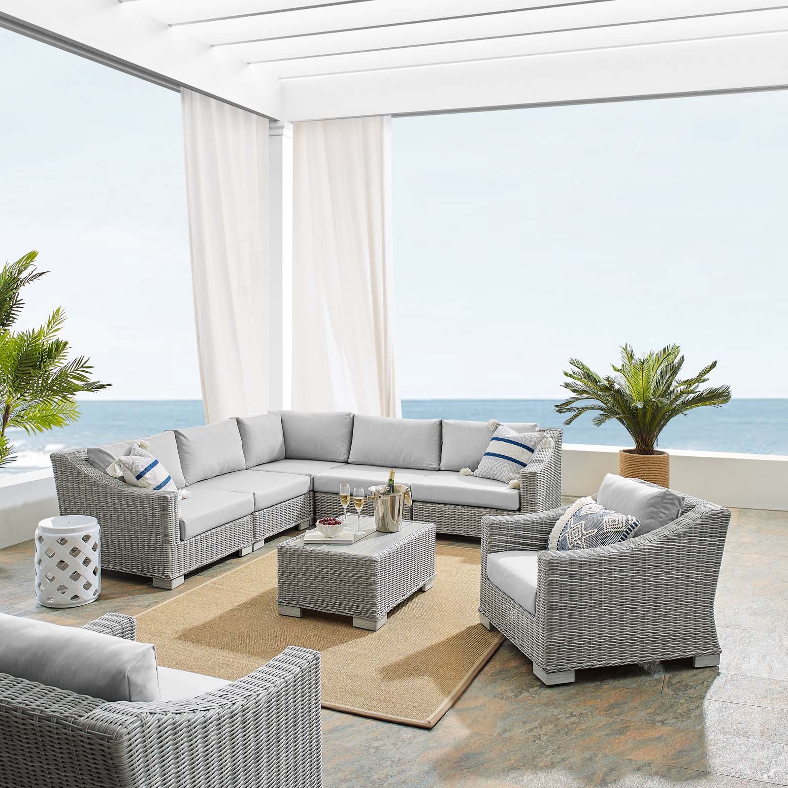 Conway Sunbrella® Outdoor Patio Wicker Rattan 7-Piece Sectional Sofa Set - East Shore Modern Home Furnishings