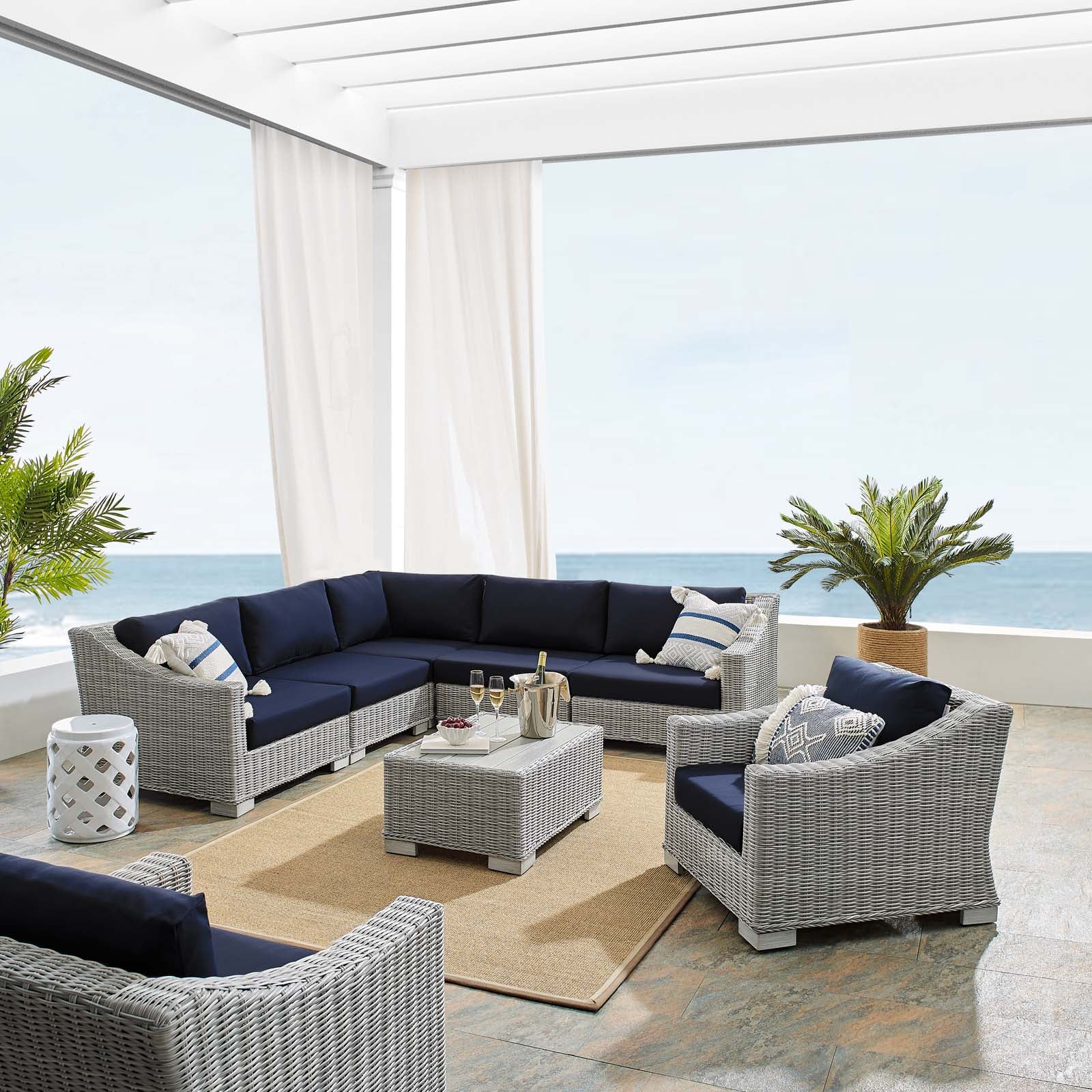 Conway Sunbrella® Outdoor Patio Wicker Rattan 7-Piece Sectional Sofa Set - East Shore Modern Home Furnishings