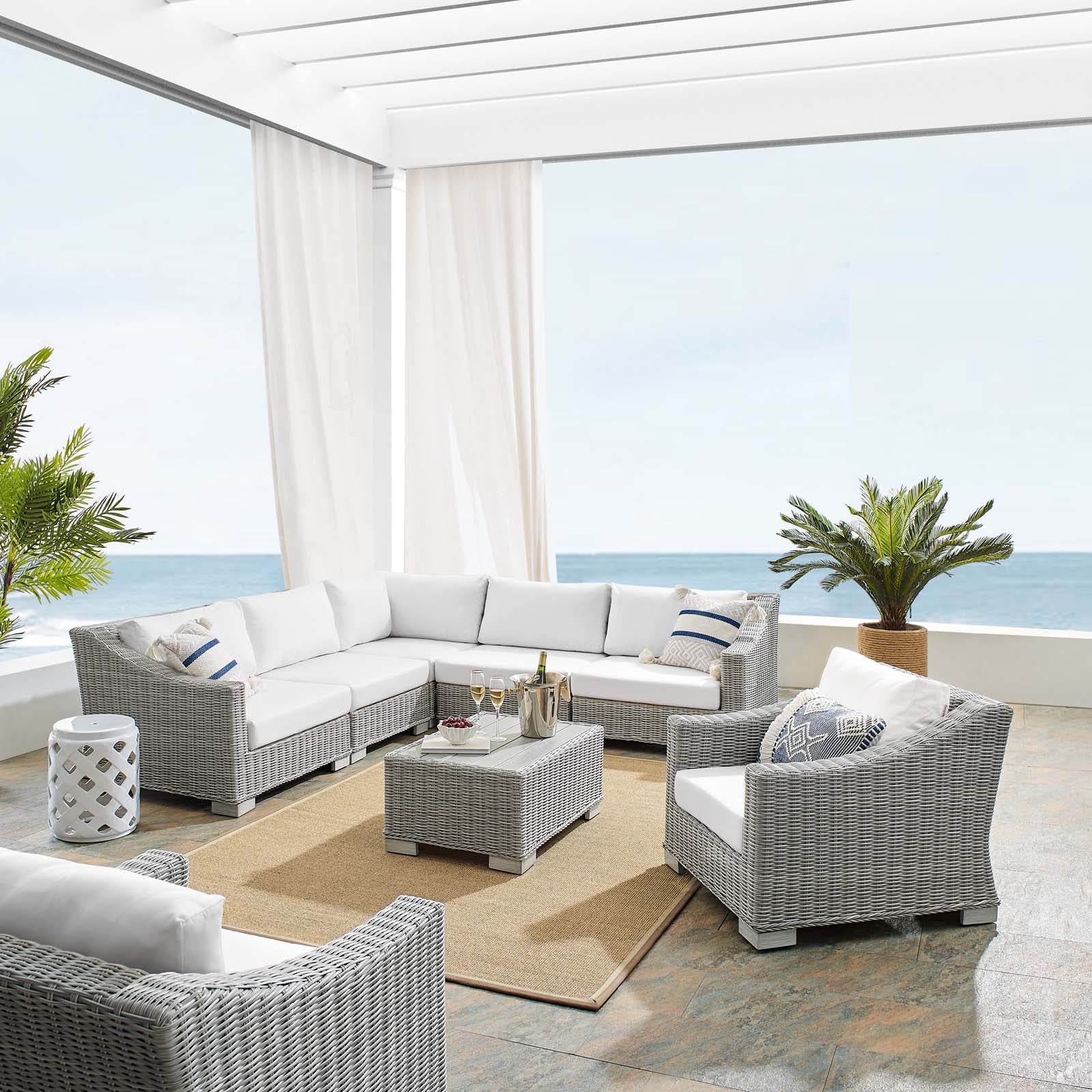 Conway Sunbrella® Outdoor Patio Wicker Rattan 7-Piece Sectional Sofa Set - East Shore Modern Home Furnishings