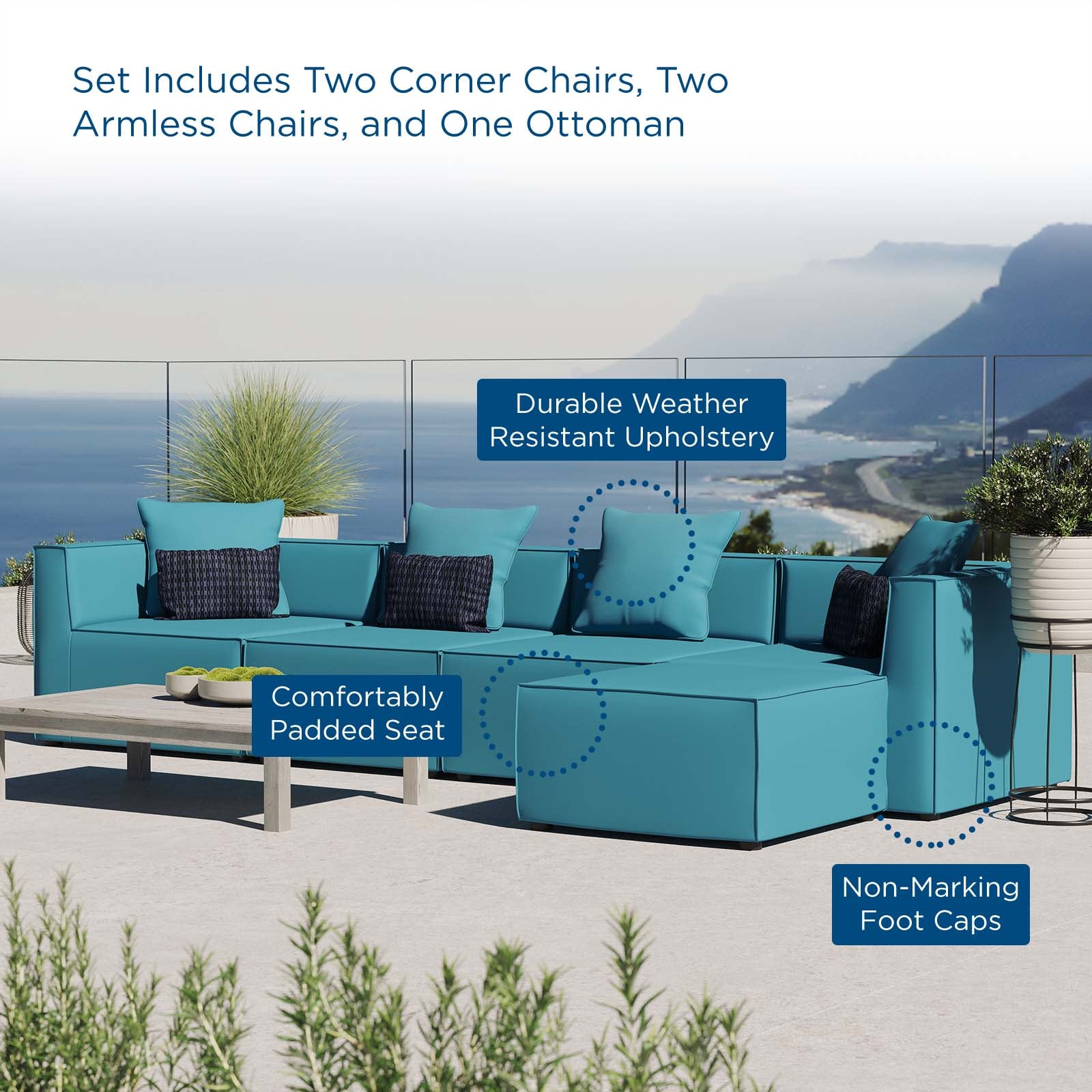 Saybrook Outdoor Patio Upholstered 5-Piece Sectional Sofa - East Shore Modern Home Furnishings