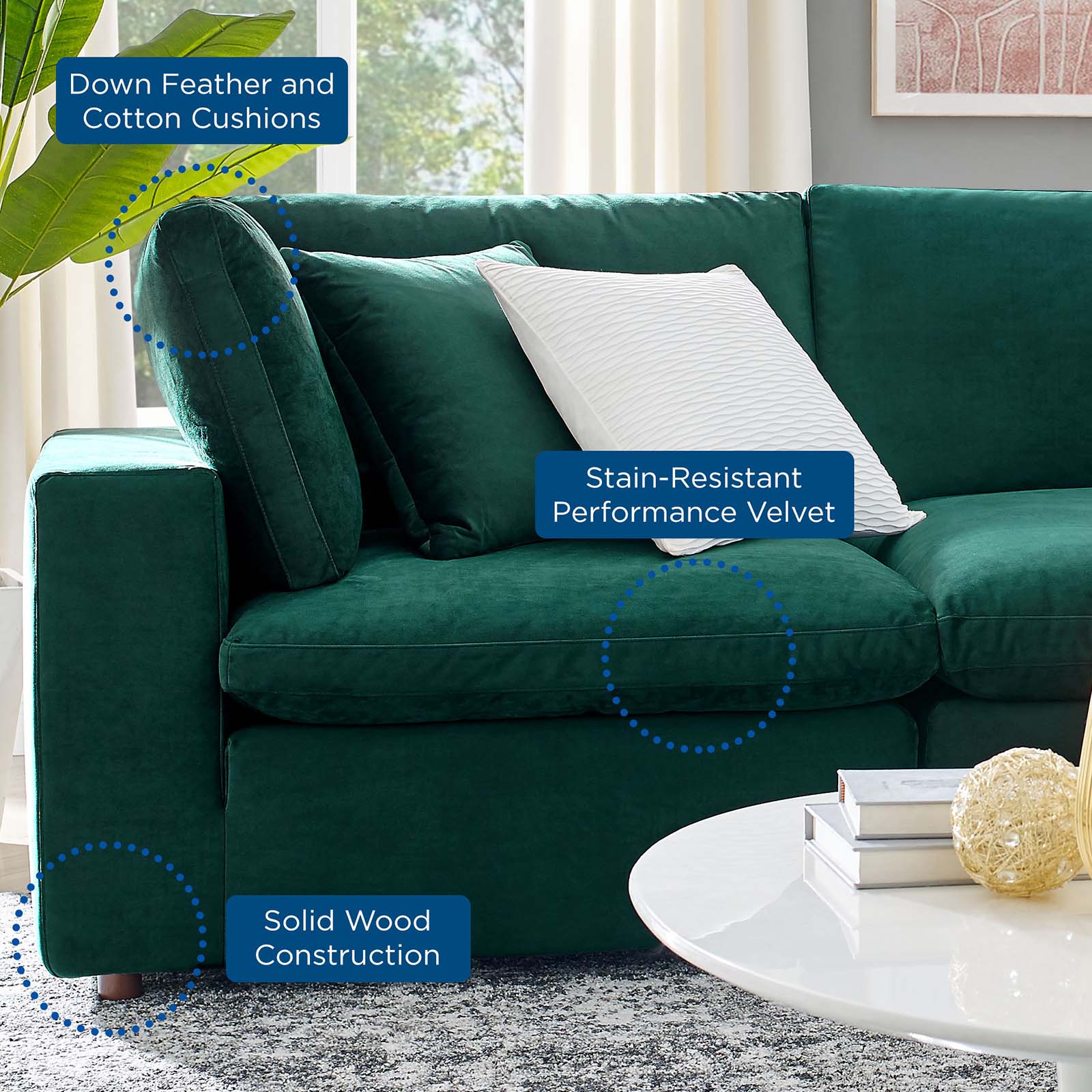 Commix Down Filled Overstuffed Performance Velvet 3-Seater Sofa - East Shore Modern Home Furnishings