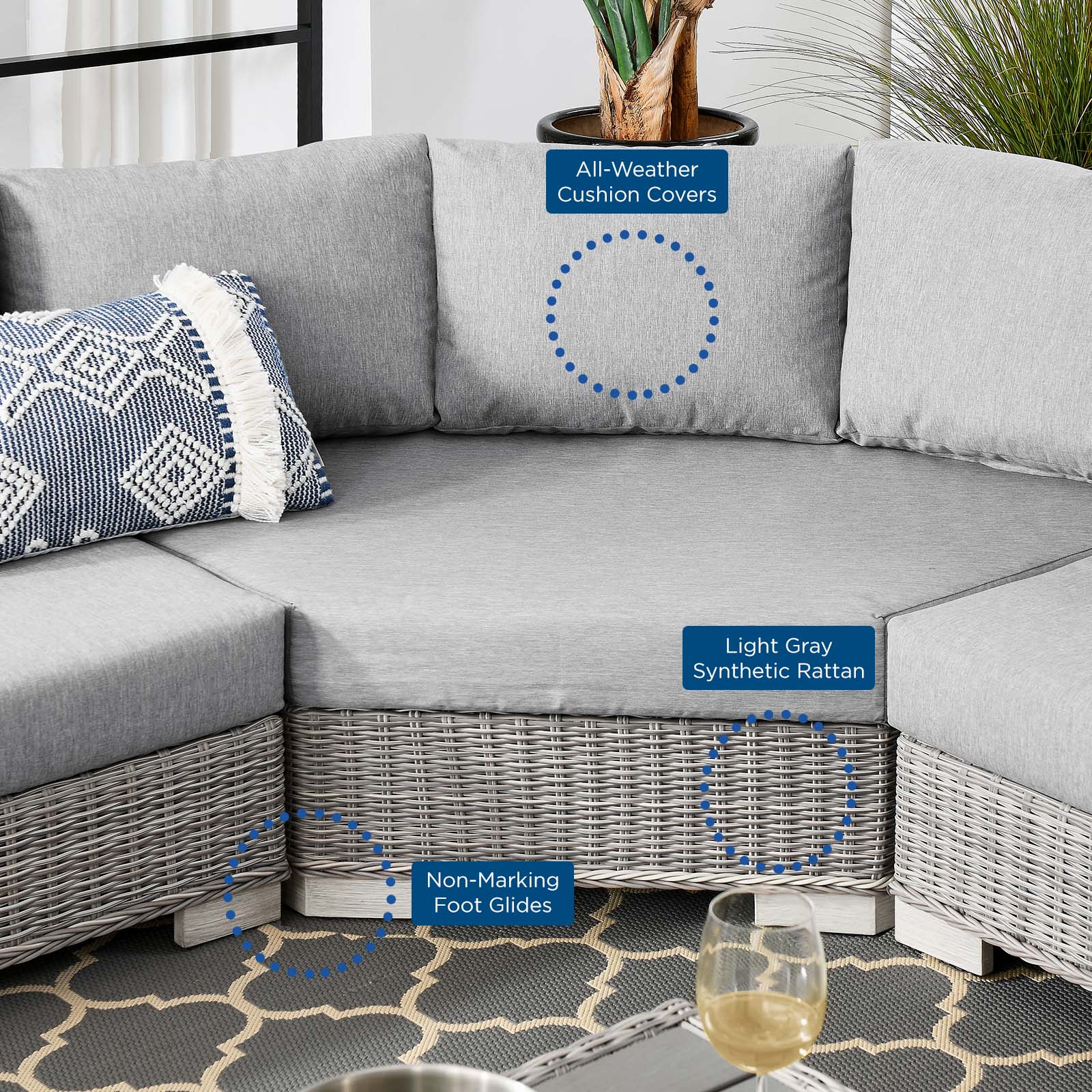Conway Outdoor Patio Wicker Rattan 5-Piece Sectional Sofa Furniture Set