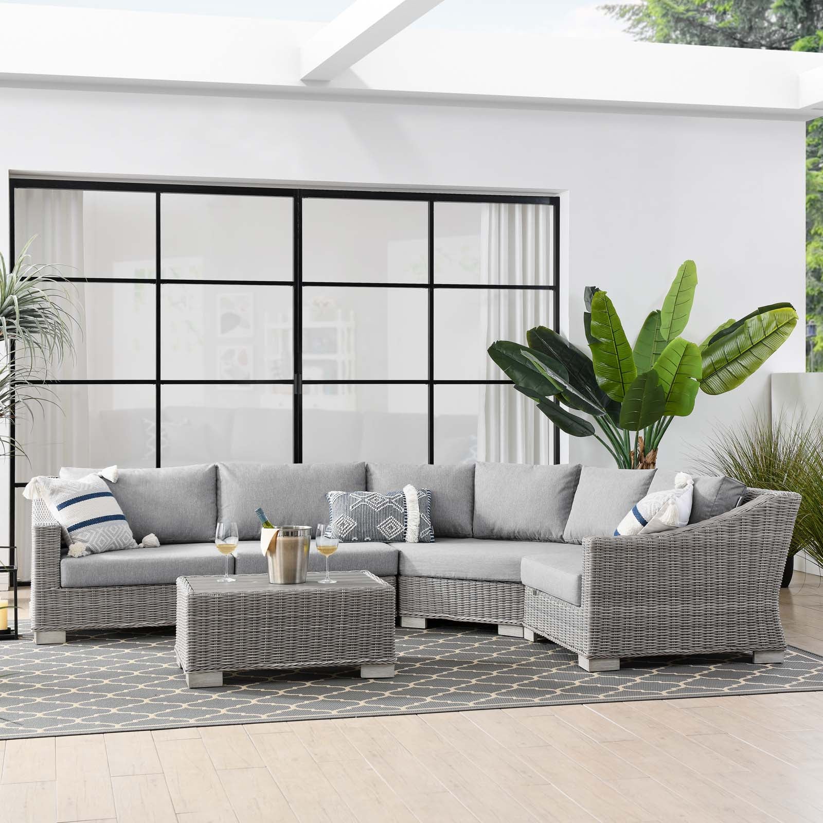 Conway Outdoor Patio Wicker Rattan 5-Piece Sectional Sofa Furniture Set