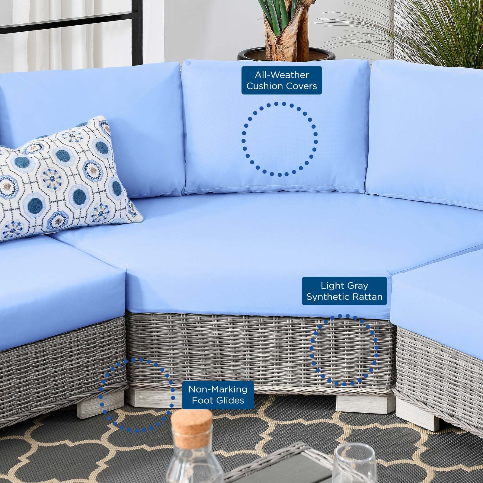 Conway Outdoor Patio Wicker Rattan 5-Piece Sectional Sofa Furniture Set
