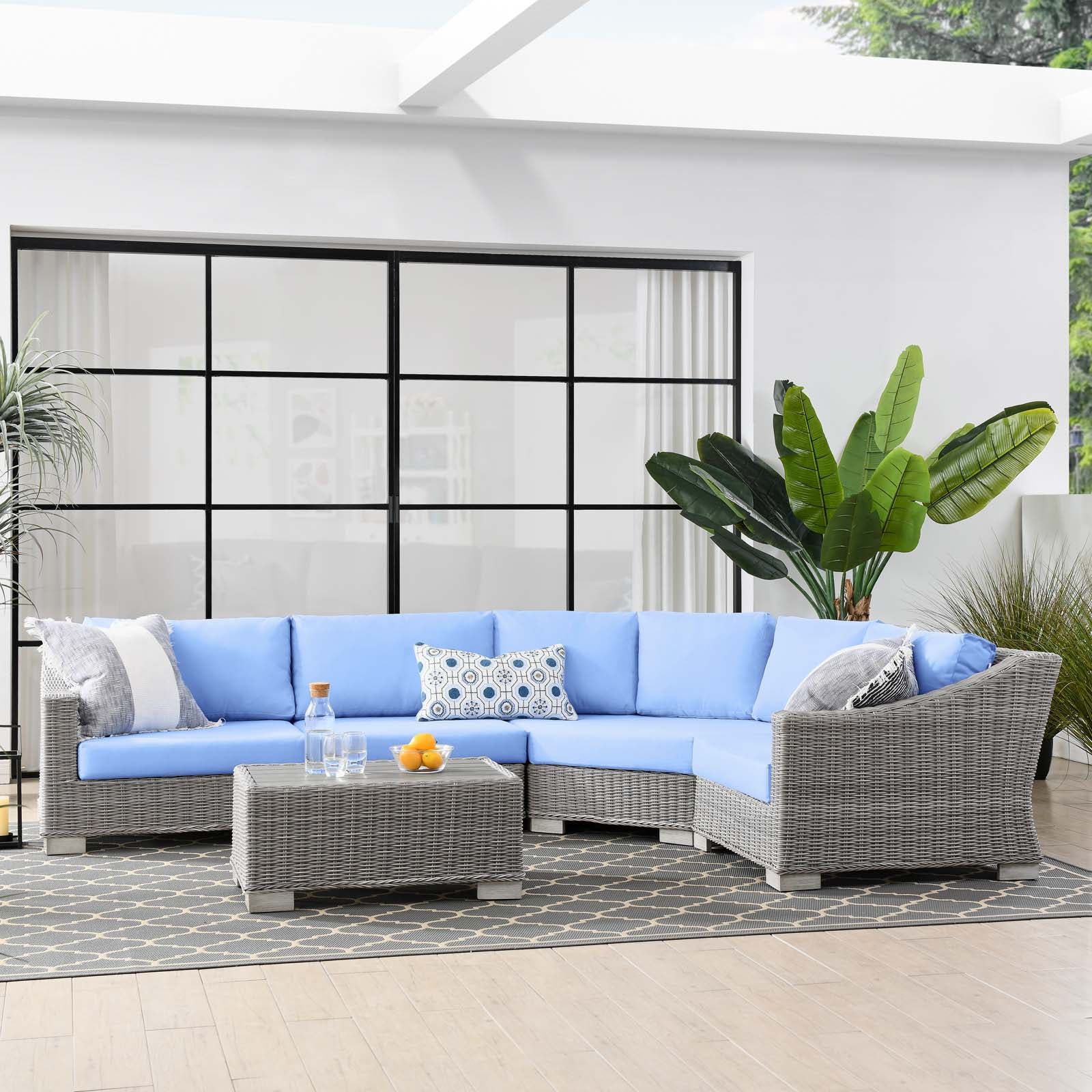 Conway Outdoor Patio Wicker Rattan 5-Piece Sectional Sofa Furniture Set