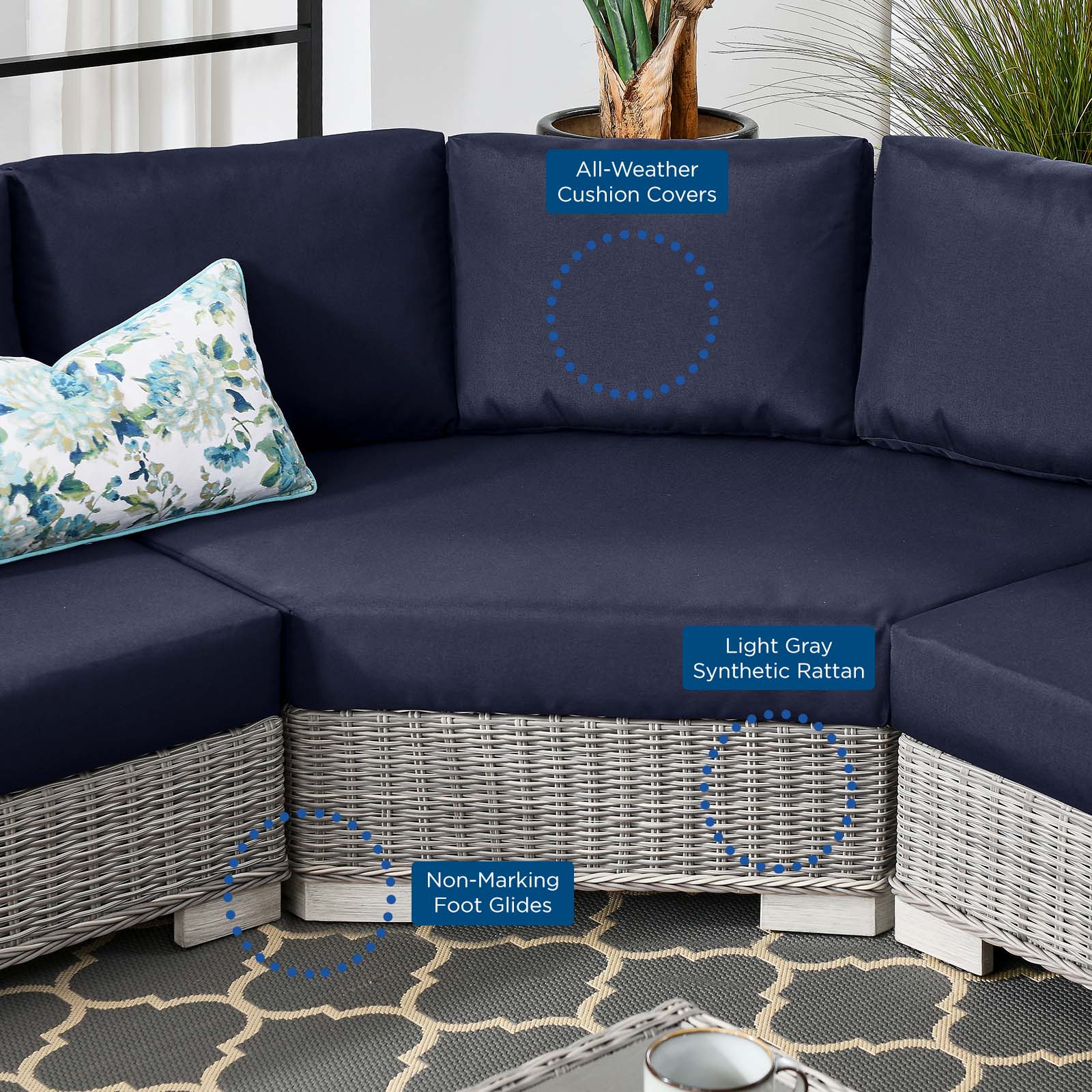 Conway Outdoor Patio Wicker Rattan 5-Piece Sectional Sofa Furniture Set