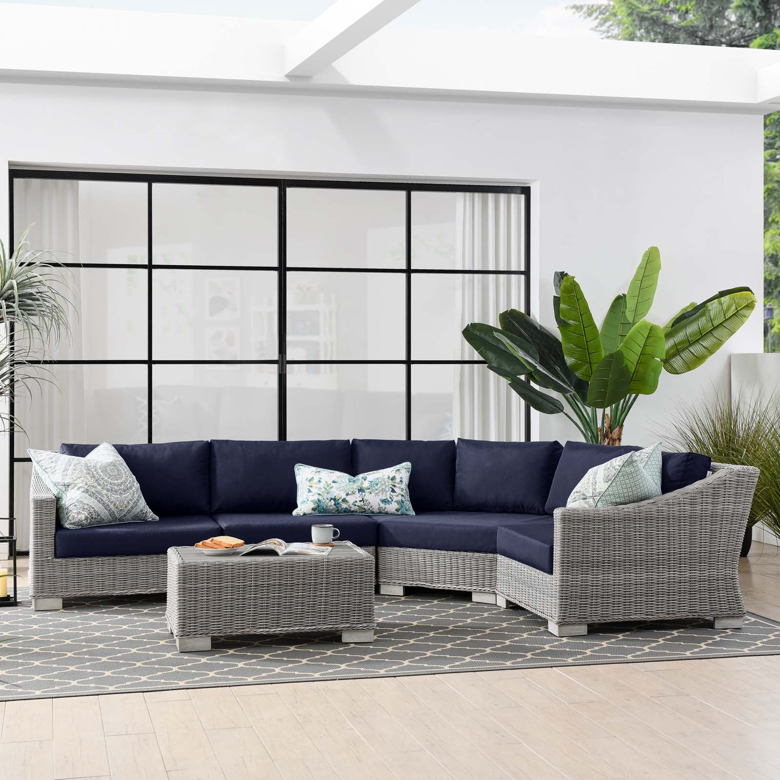 Conway Outdoor Patio Wicker Rattan 5-Piece Sectional Sofa Furniture Set