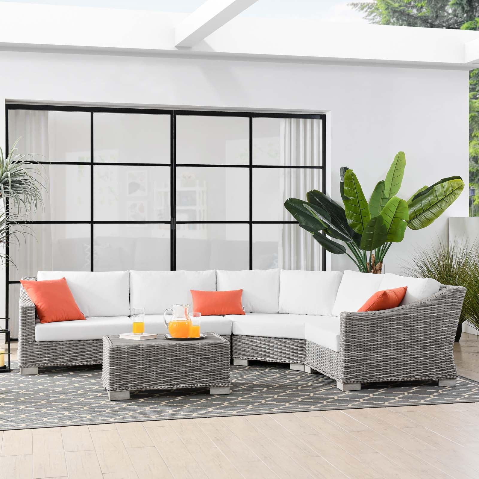 Conway Outdoor Patio Wicker Rattan 5-Piece Sectional Sofa Furniture Set