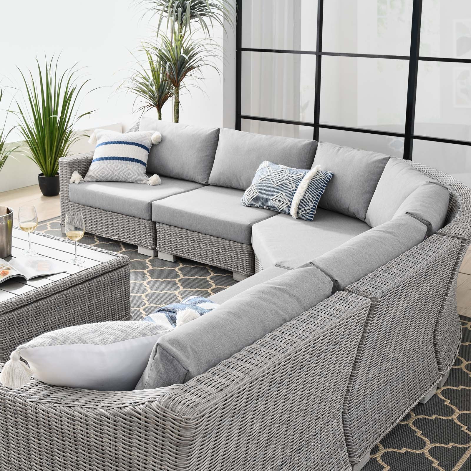 Conway Outdoor Patio Wicker Rattan 6-Piece Sectional Sofa Furniture Set