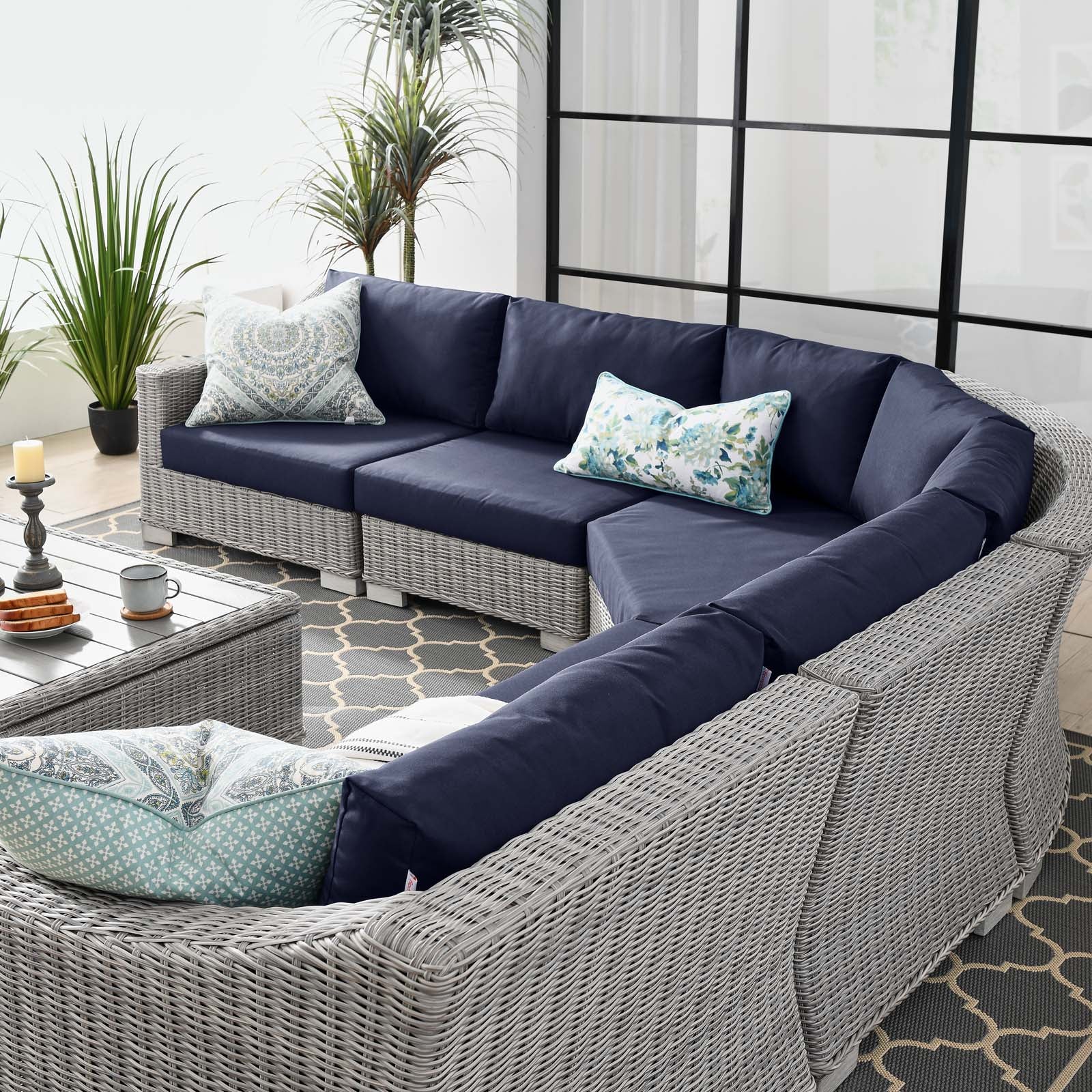 Conway Outdoor Patio Wicker Rattan 6-Piece Sectional Sofa Furniture Set