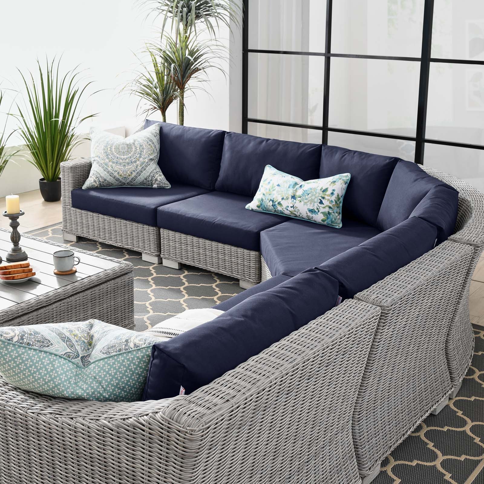 Conway Outdoor Patio Wicker Rattan 6-Piece Sectional Sofa Furniture Set - East Shore Modern Home Furnishings