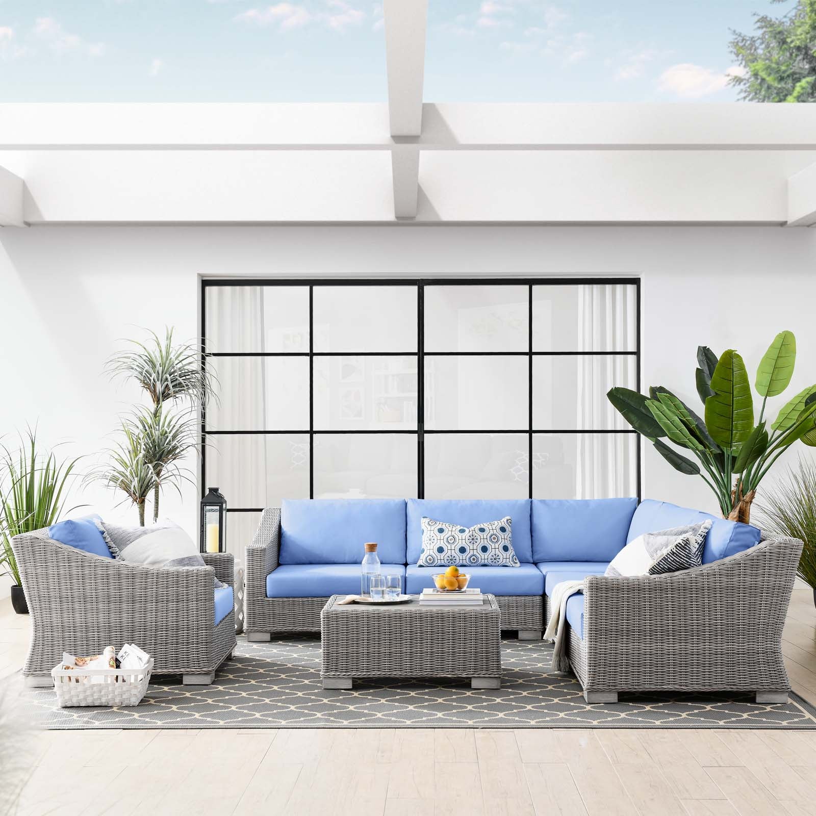 Conway Outdoor Patio Wicker Rattan 7-Piece Sectional Sofa Furniture Set
