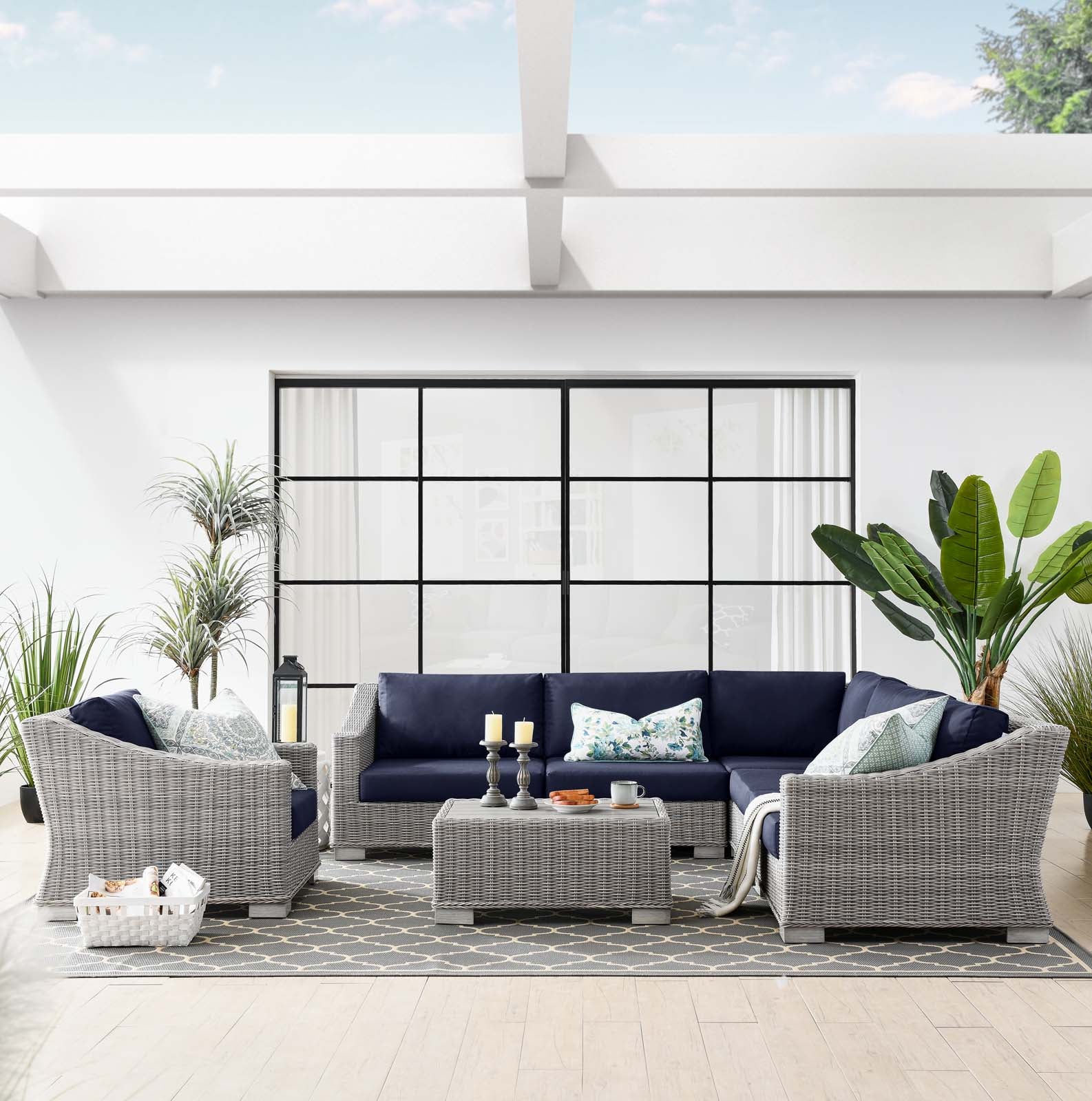Conway Outdoor Patio Wicker Rattan 7-Piece Sectional Sofa Furniture Set