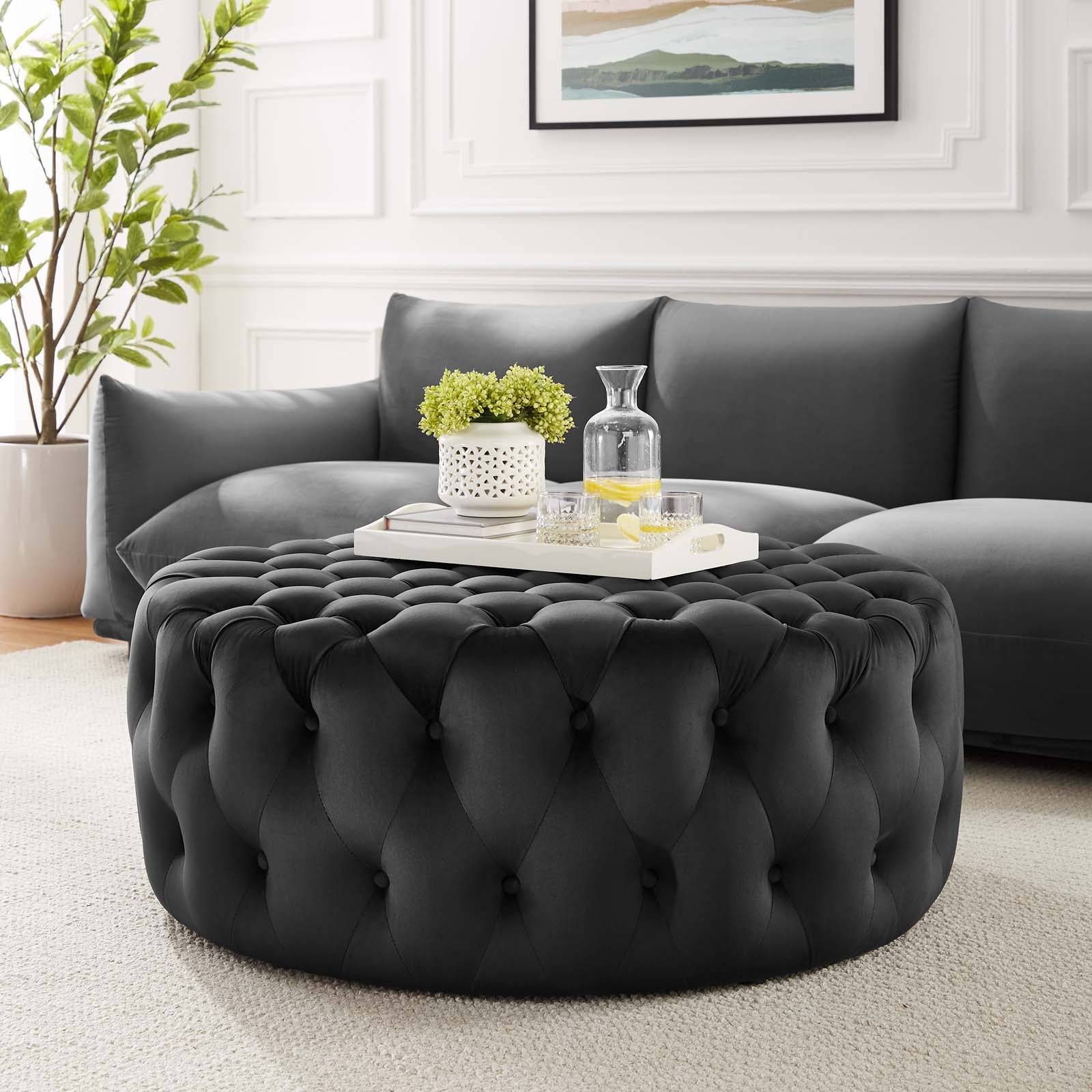 Amour Tufted Button Large Round Performance Velvet Ottoman - East Shore Modern Home Furnishings