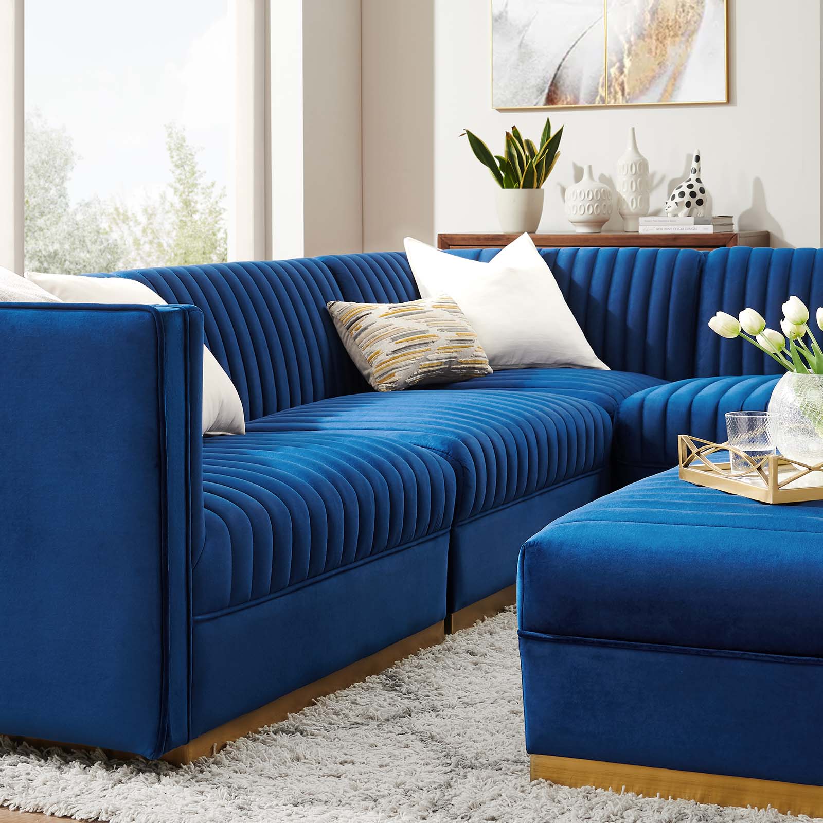 Sanguine Channel Tufted Performance Velvet 5-Piece Right-Facing Modular Sectional Sofa