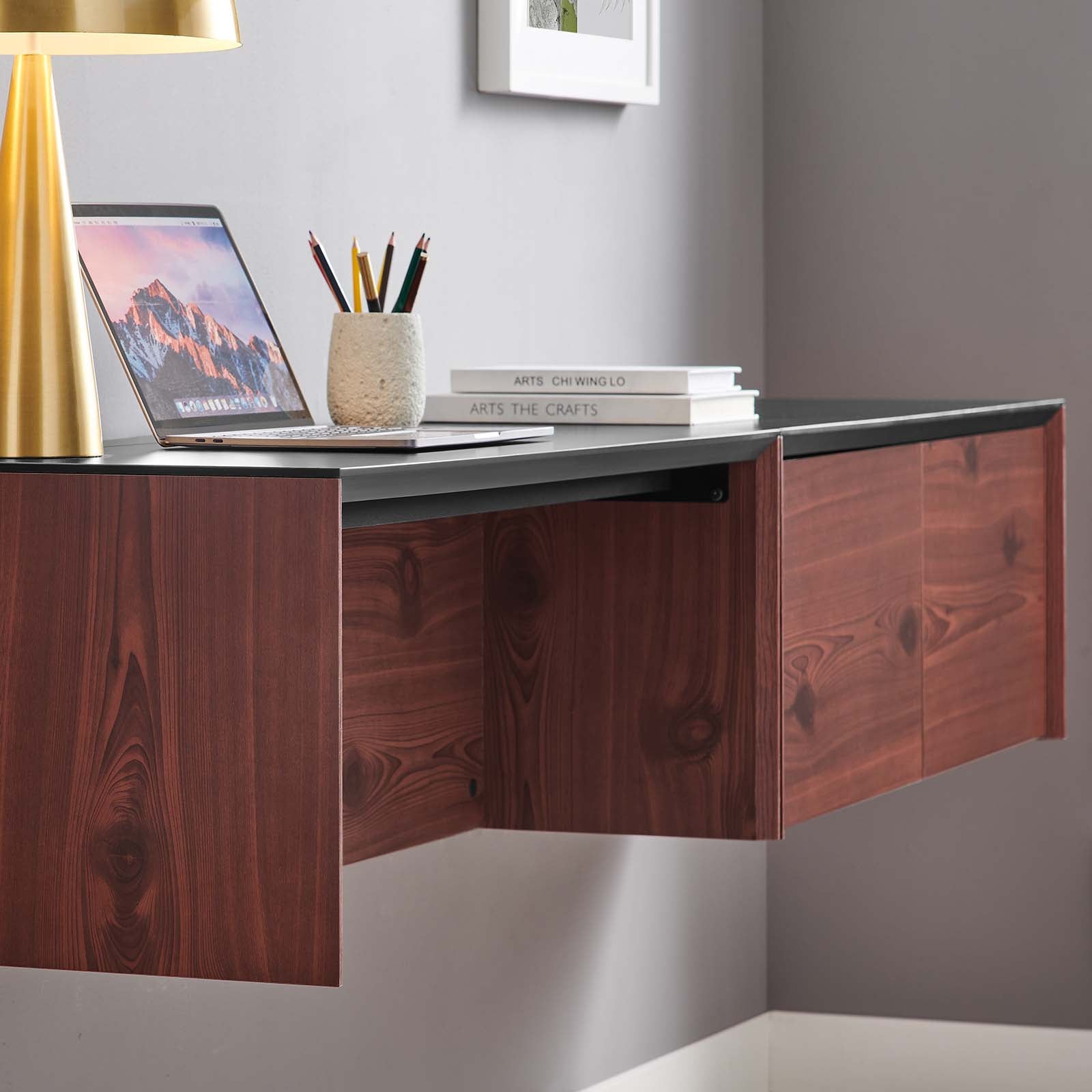 Kinetic 38" Wall-Mount Office Desk With Cabinet and Shelf - East Shore Modern Home Furnishings