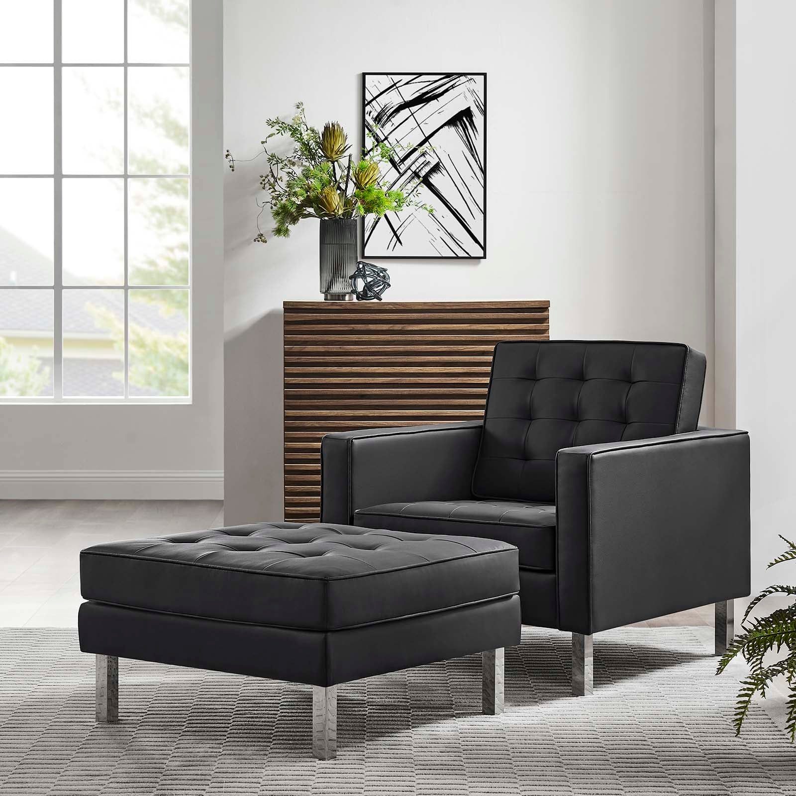 Loft Tufted Vegan Leather Armchair and Ottoman Set - East Shore Modern Home Furnishings