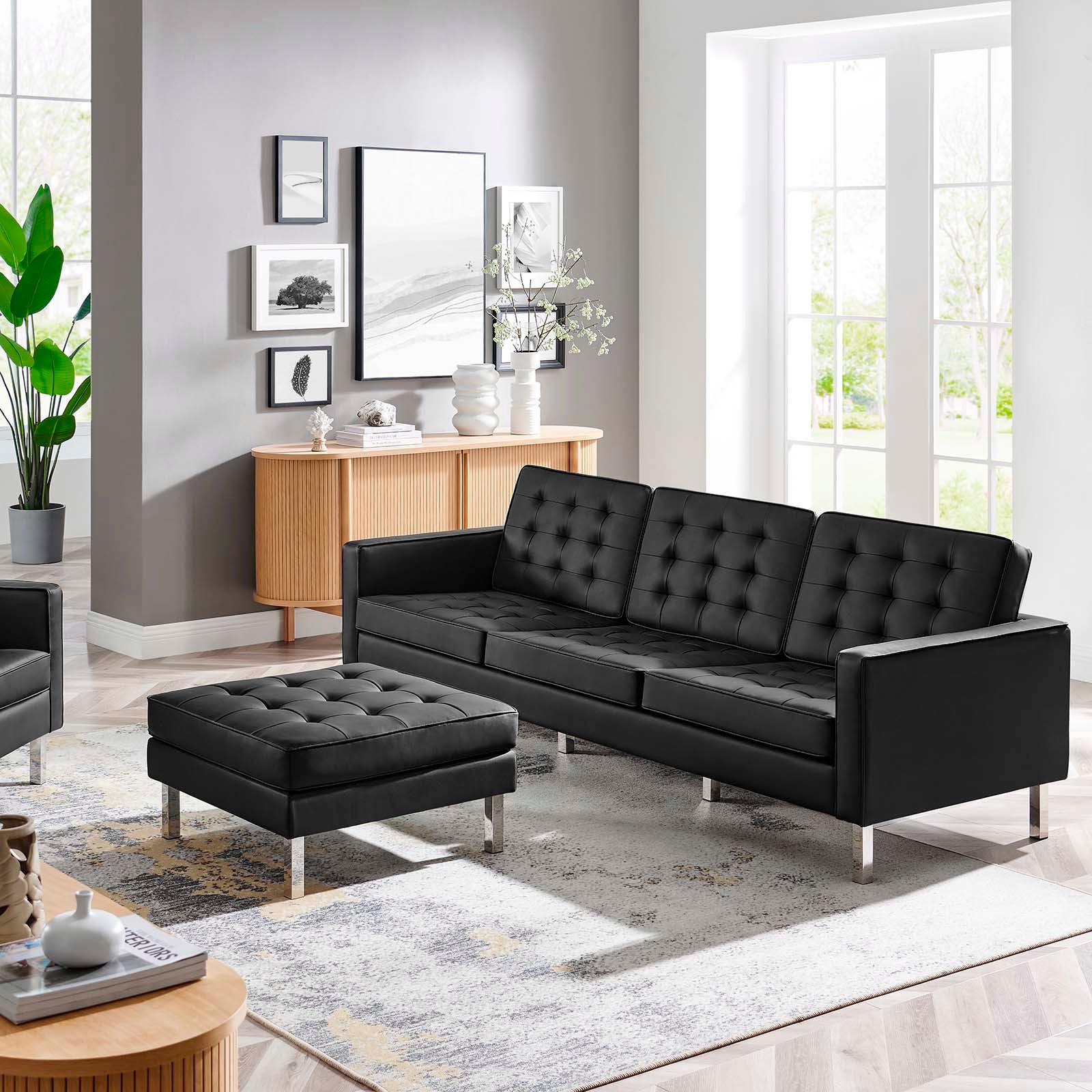 Loft Tufted Vegan Leather Sofa and Ottoman Set - East Shore Modern Home Furnishings