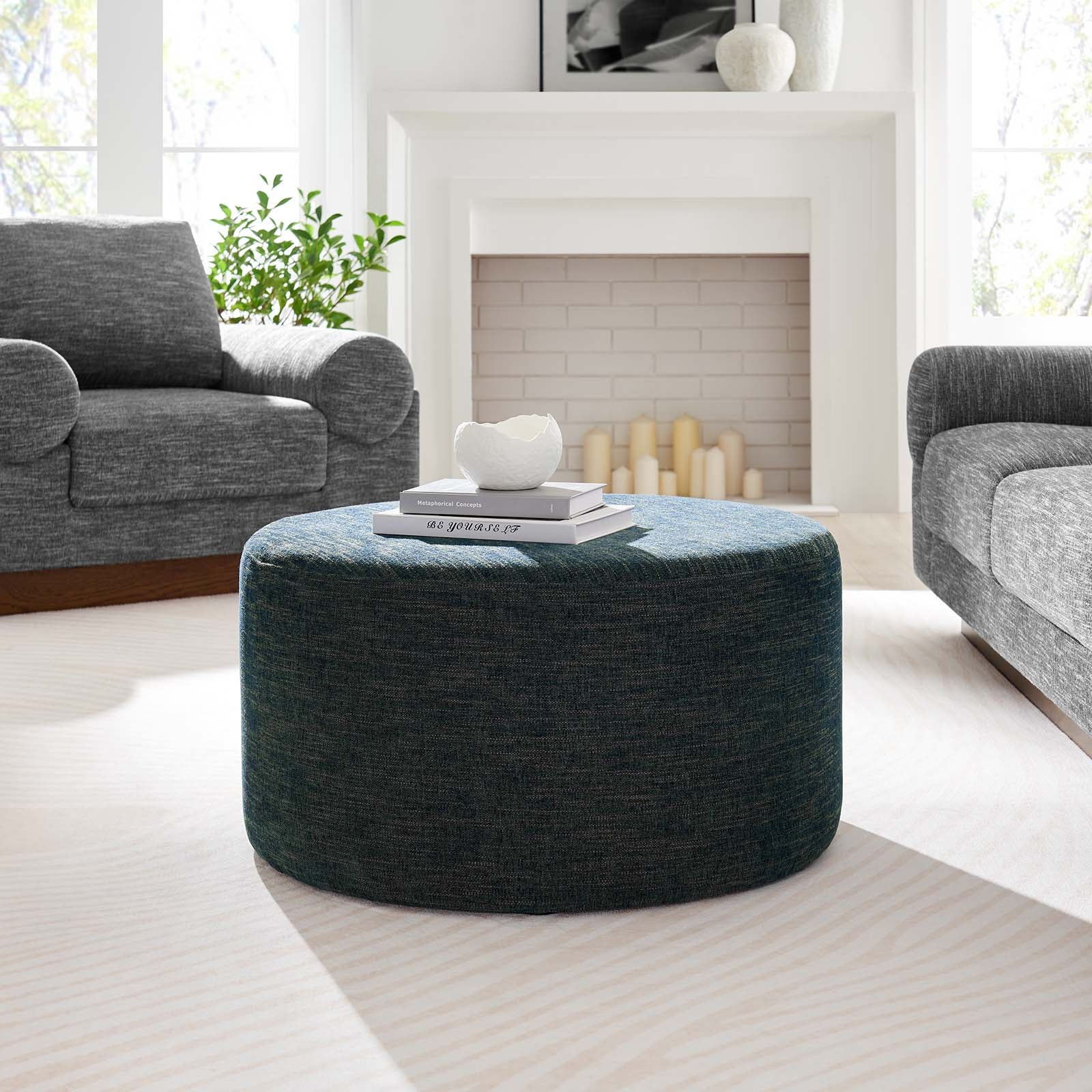 Callum Large 29" Round Woven Heathered Fabric Upholstered Ottoman - East Shore Modern Home Furnishings