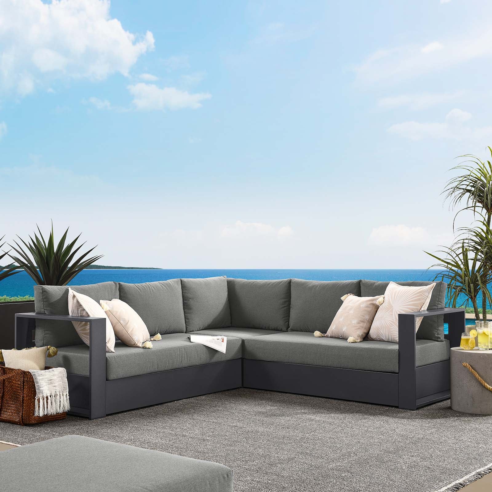 Tahoe Outdoor Patio Powder-Coated Aluminum 3-Piece Sectional Sofa Set - East Shore Modern Home Furnishings