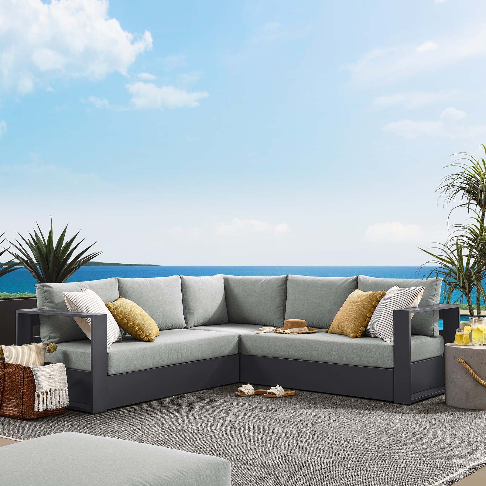 Tahoe Outdoor Patio Powder-Coated Aluminum 3-Piece Sectional Sofa Set - East Shore Modern Home Furnishings