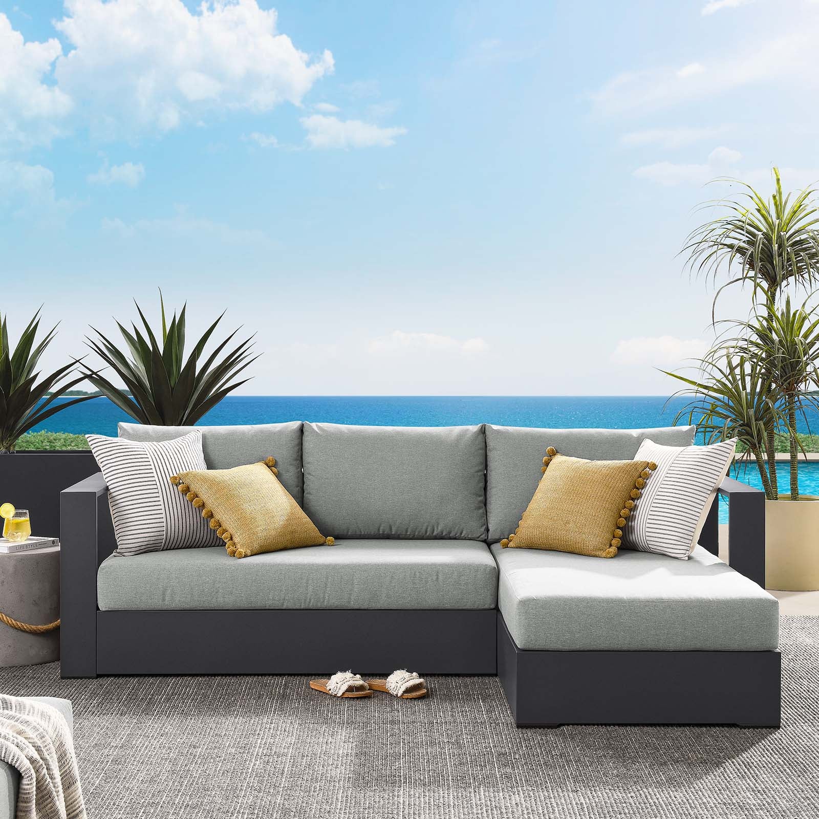 Tahoe Outdoor Patio Powder-Coated Aluminum 2-Piece Right-Facing Chaise Sectional Sofa Set