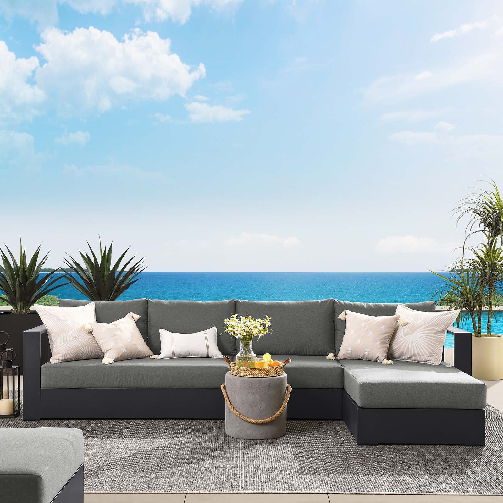 Tahoe Outdoor Patio Powder-Coated Aluminum 3-Piece Right-Facing Chaise Sectional Sofa Set