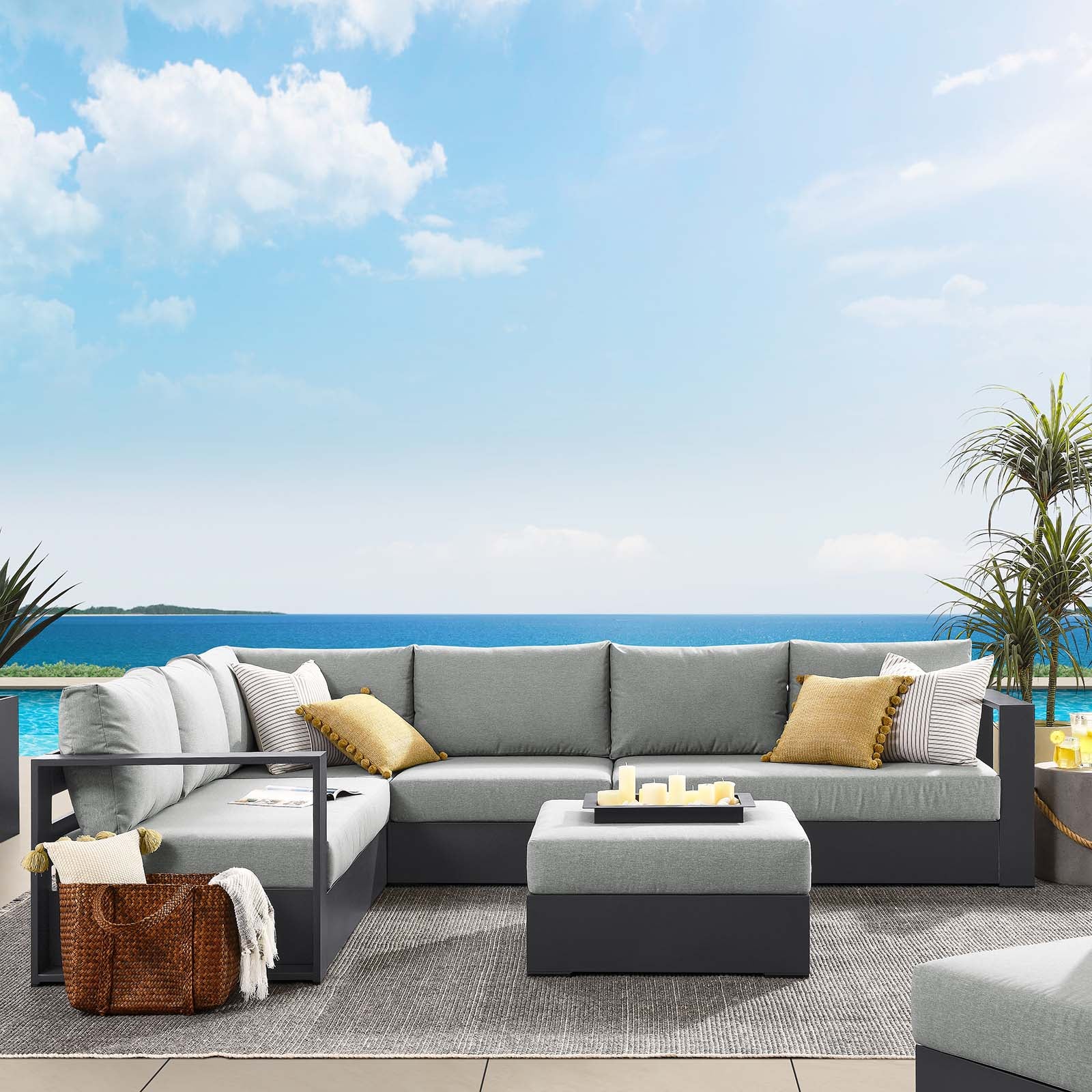 Tahoe Outdoor Patio Powder-Coated Aluminum 5-Piece Sectional Sofa Set - East Shore Modern Home Furnishings