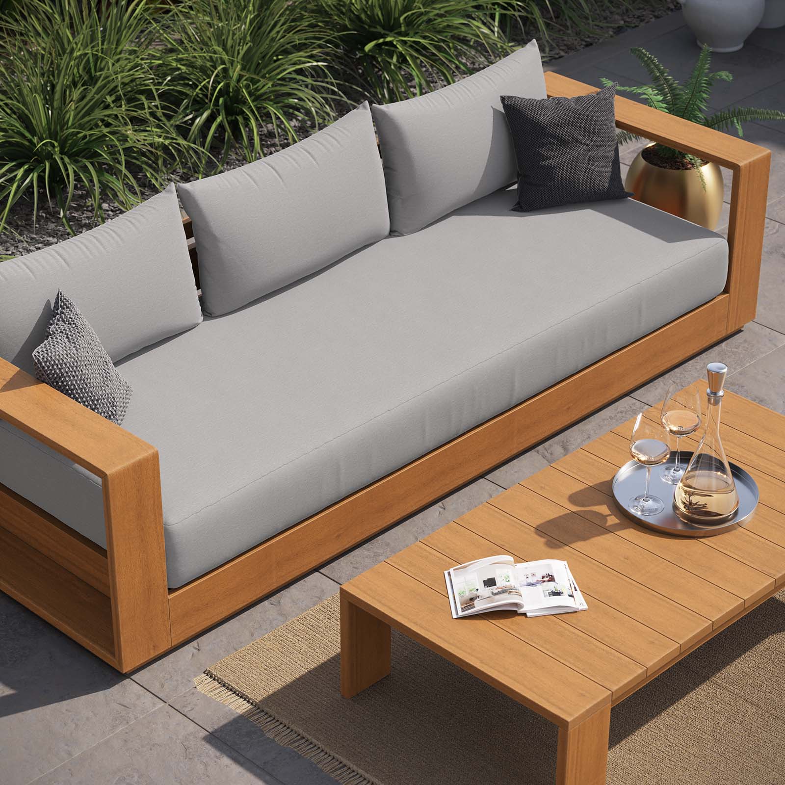 Tahoe Outdoor Patio Acacia Wood 2-Piece Sofa and Coffee Table Set - East Shore Modern Home Furnishings