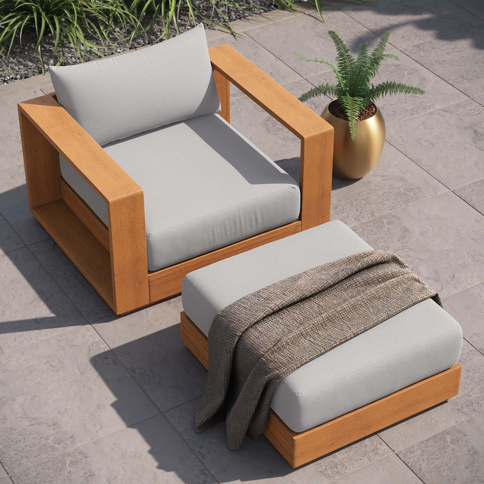 Tahoe Outdoor Patio Acacia Wood 2-Piece Armchair and Ottoman Set - East Shore Modern Home Furnishings