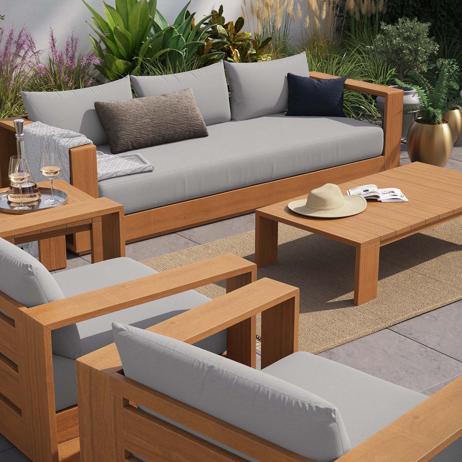 Tahoe Outdoor Patio Acacia Wood 5-Piece Furniture Set - East Shore Modern Home Furnishings