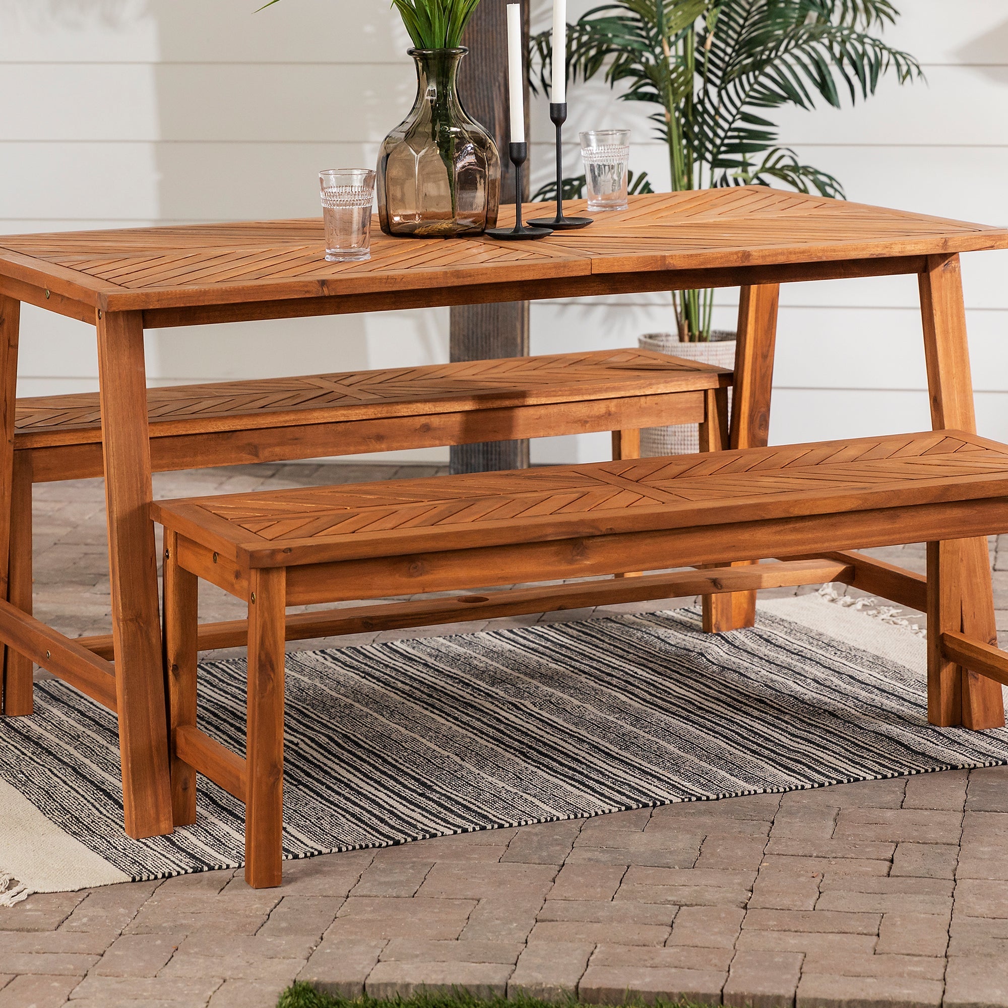 Vincent 3 Piece Acacia Wood Outdoor Chevron Picnic Dining Table Set - East Shore Modern Home Furnishings