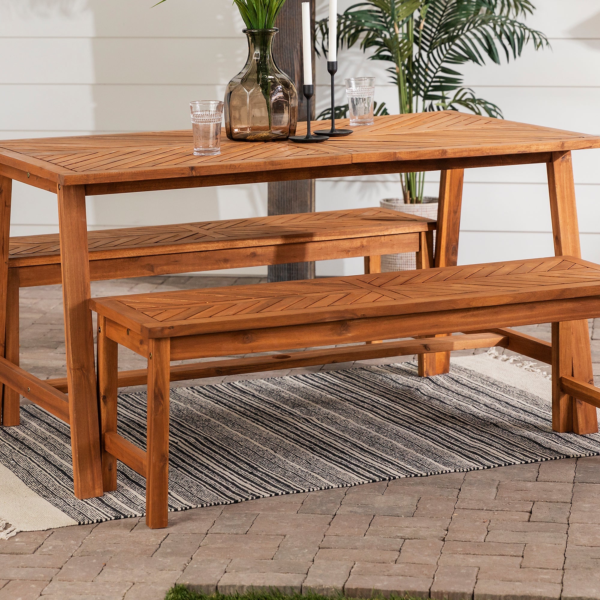 Vincent 3 Piece Acacia Wood Outdoor Chevron Picnic Dining Table Set