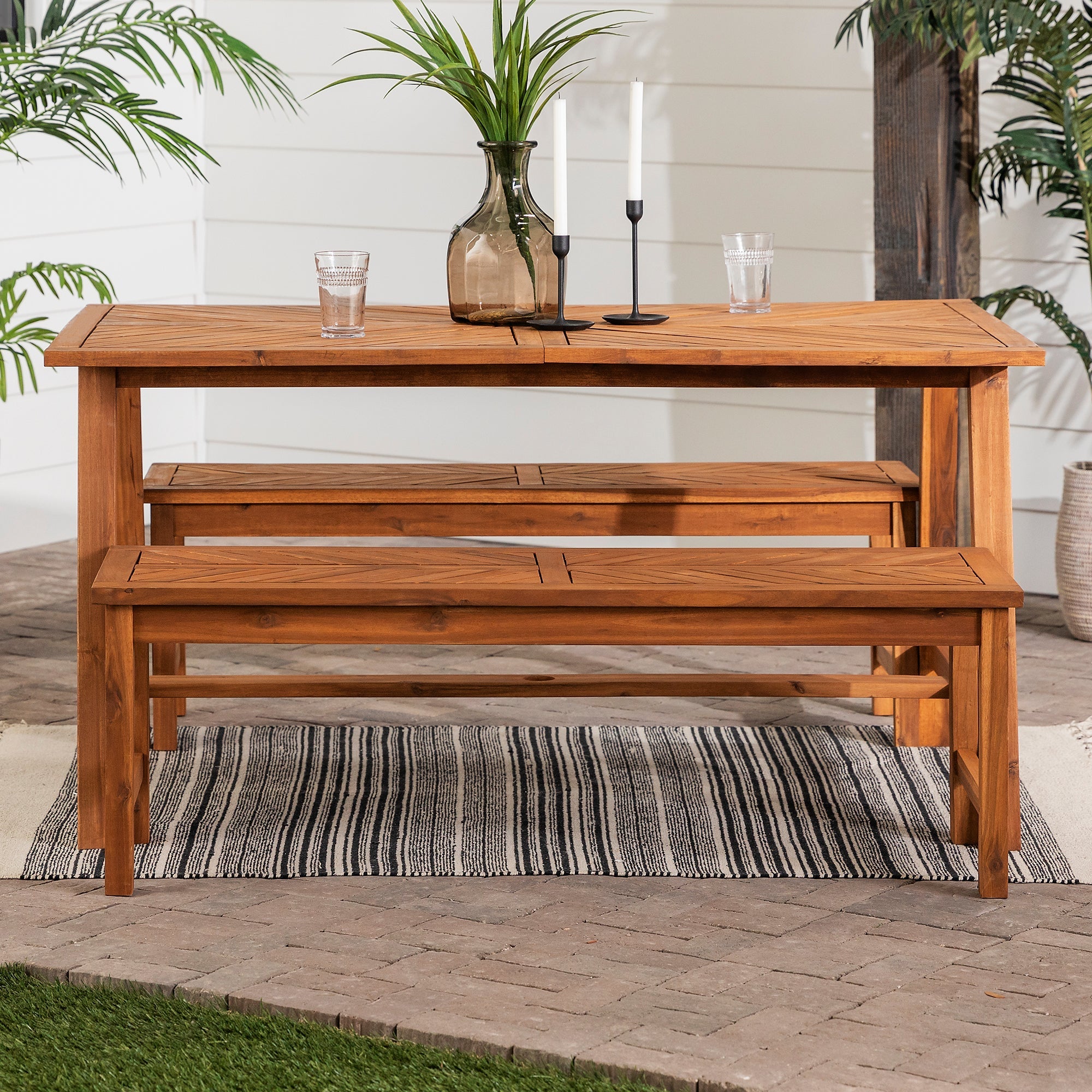 Vincent 3 Piece Acacia Wood Outdoor Chevron Picnic Dining Table Set