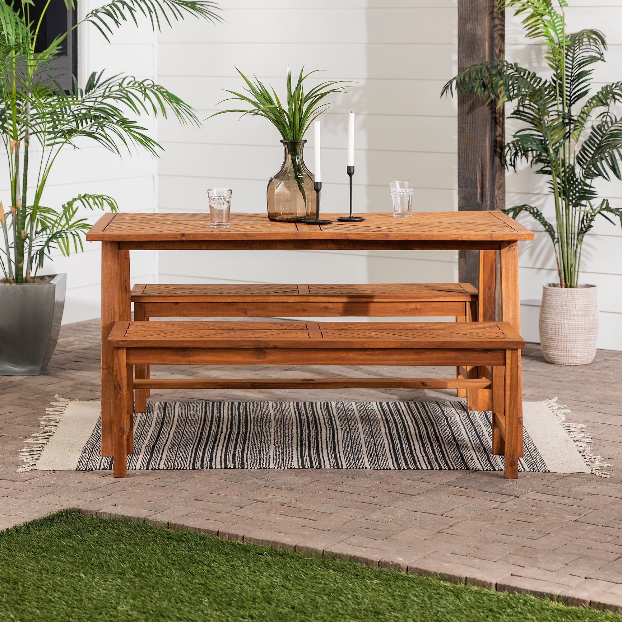 Vincent 3 Piece Acacia Wood Outdoor Chevron Picnic Dining Table Set