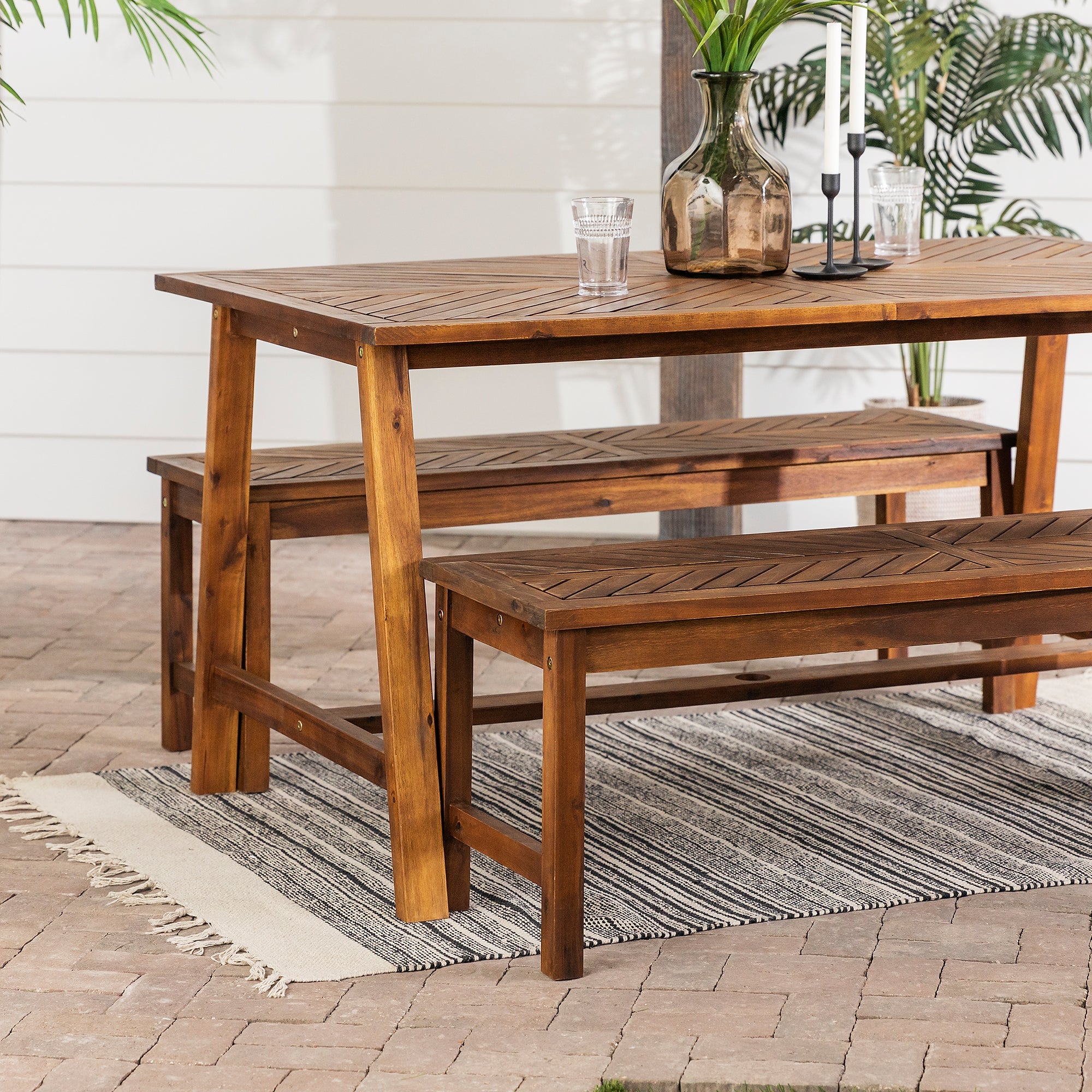 Vincent 3 Piece Acacia Wood Outdoor Chevron Picnic Dining Table Set