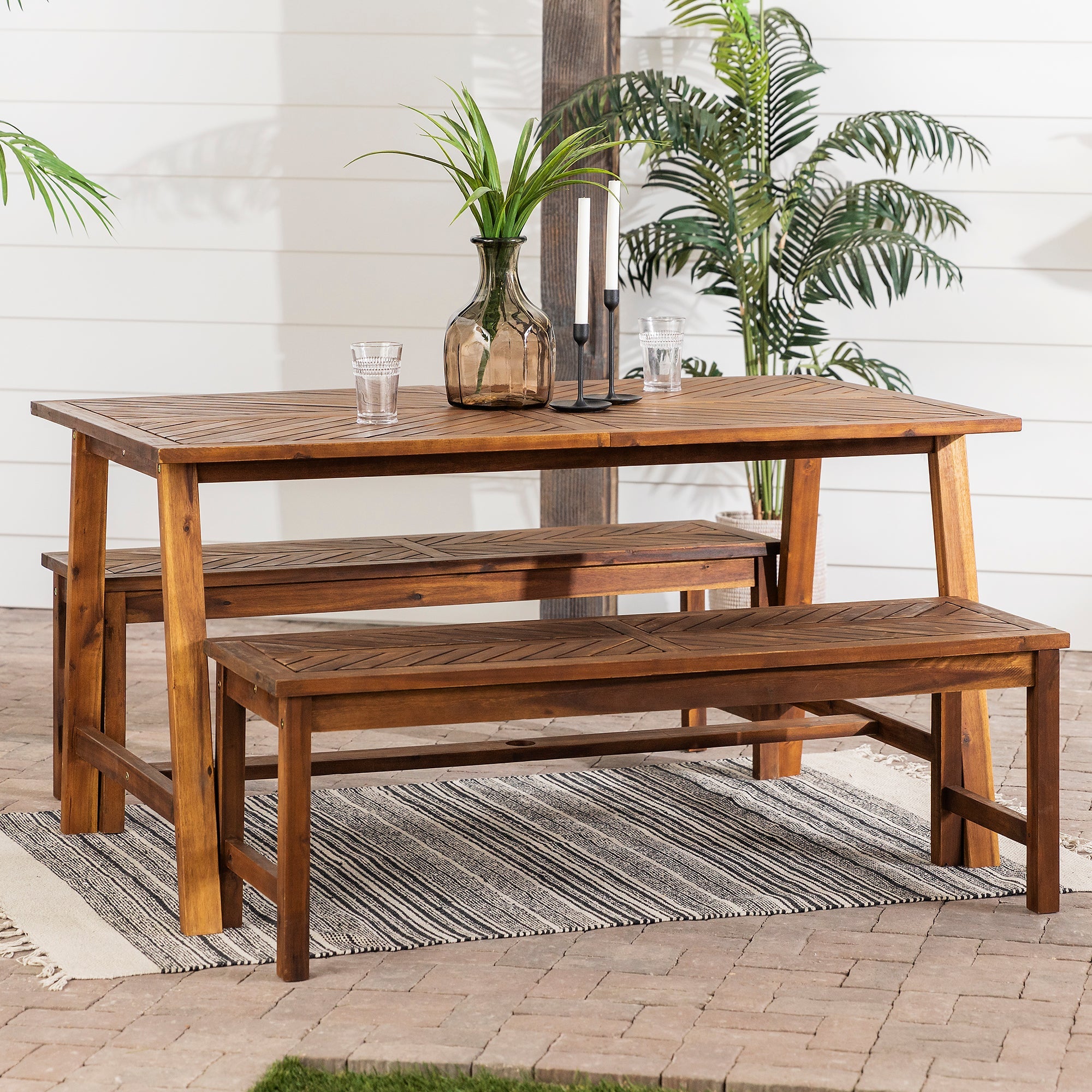 Vincent 3 Piece Acacia Wood Outdoor Chevron Picnic Dining Table Set