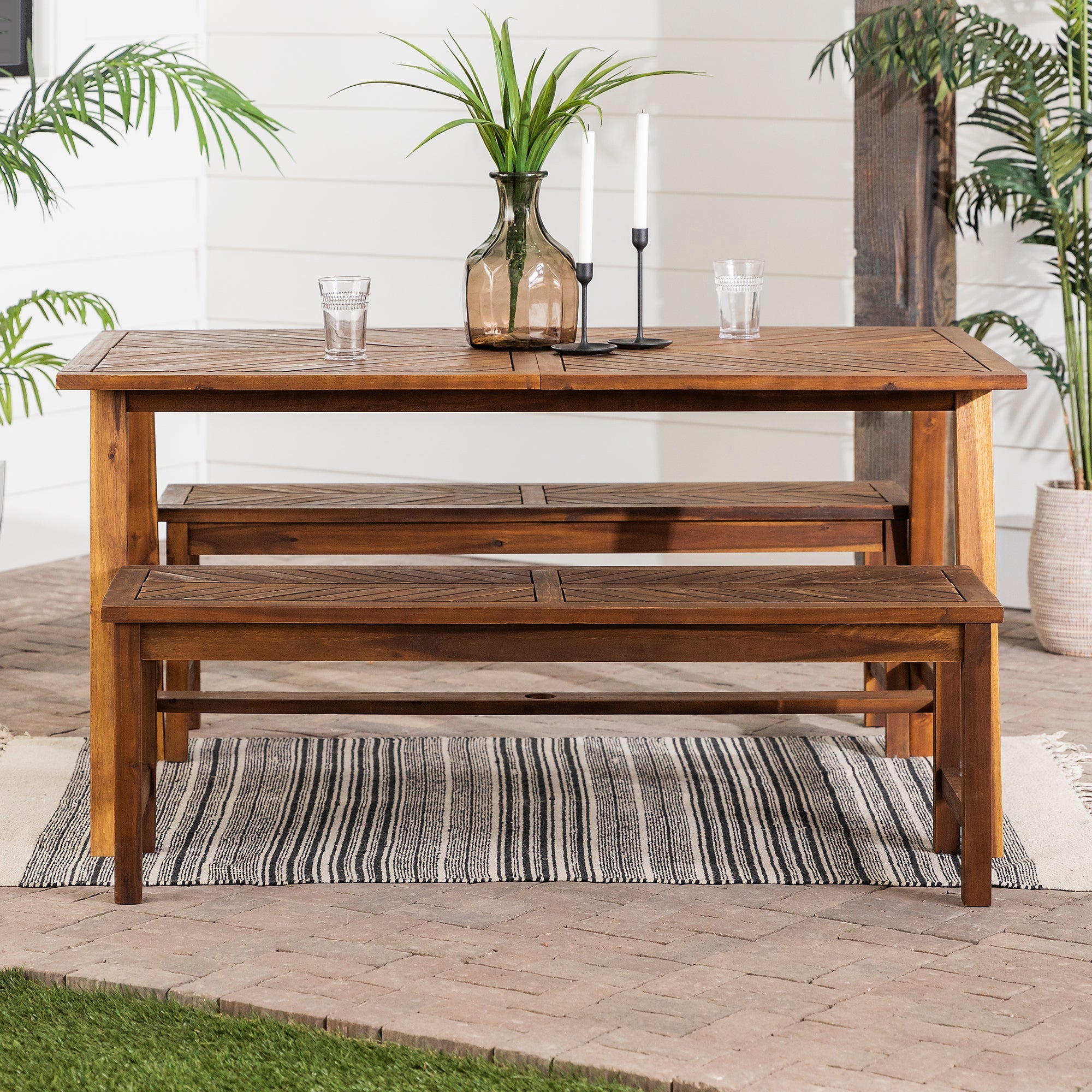 Vincent 3 Piece Acacia Wood Outdoor Chevron Picnic Dining Table Set