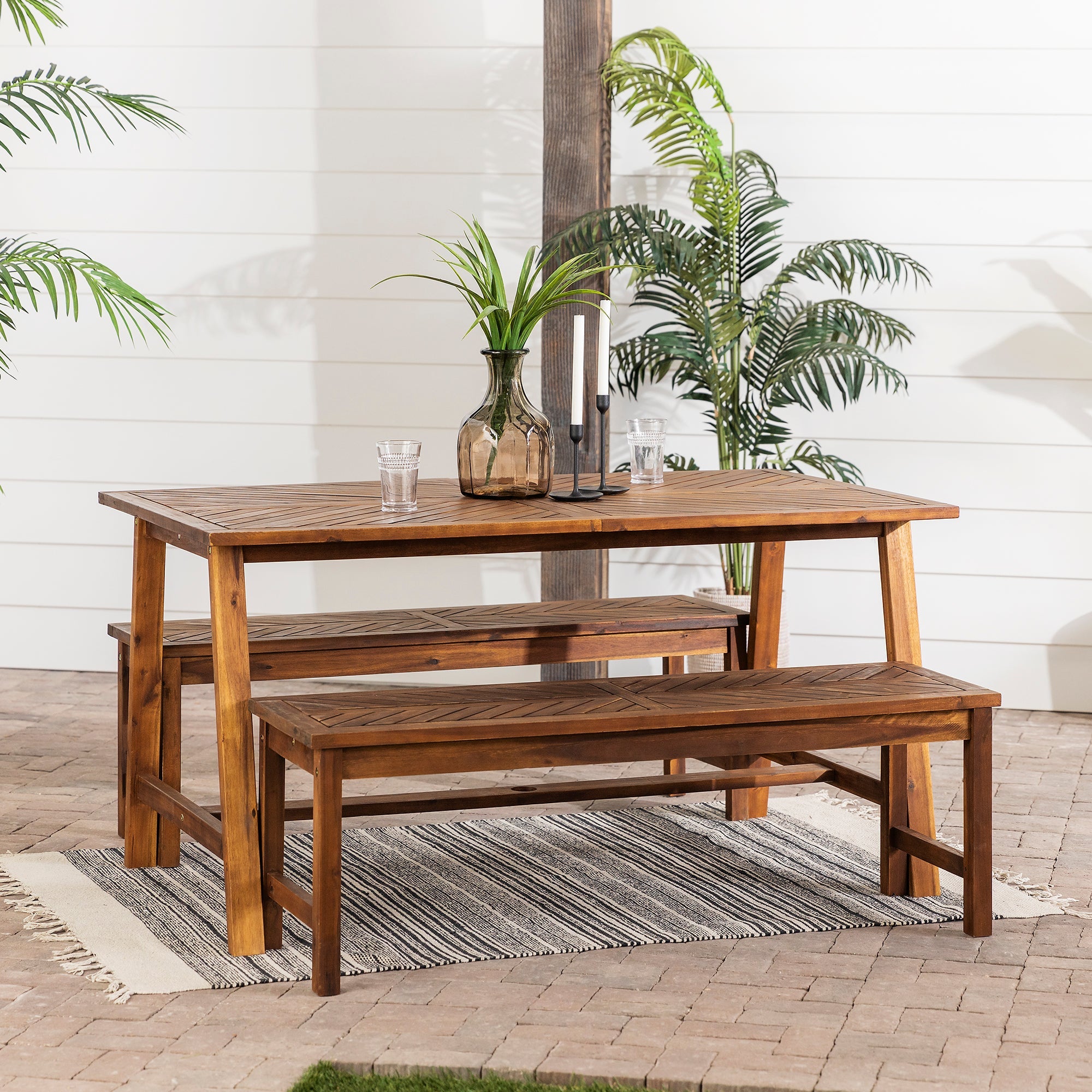 Vincent 3 Piece Acacia Wood Outdoor Chevron Picnic Dining Table Set